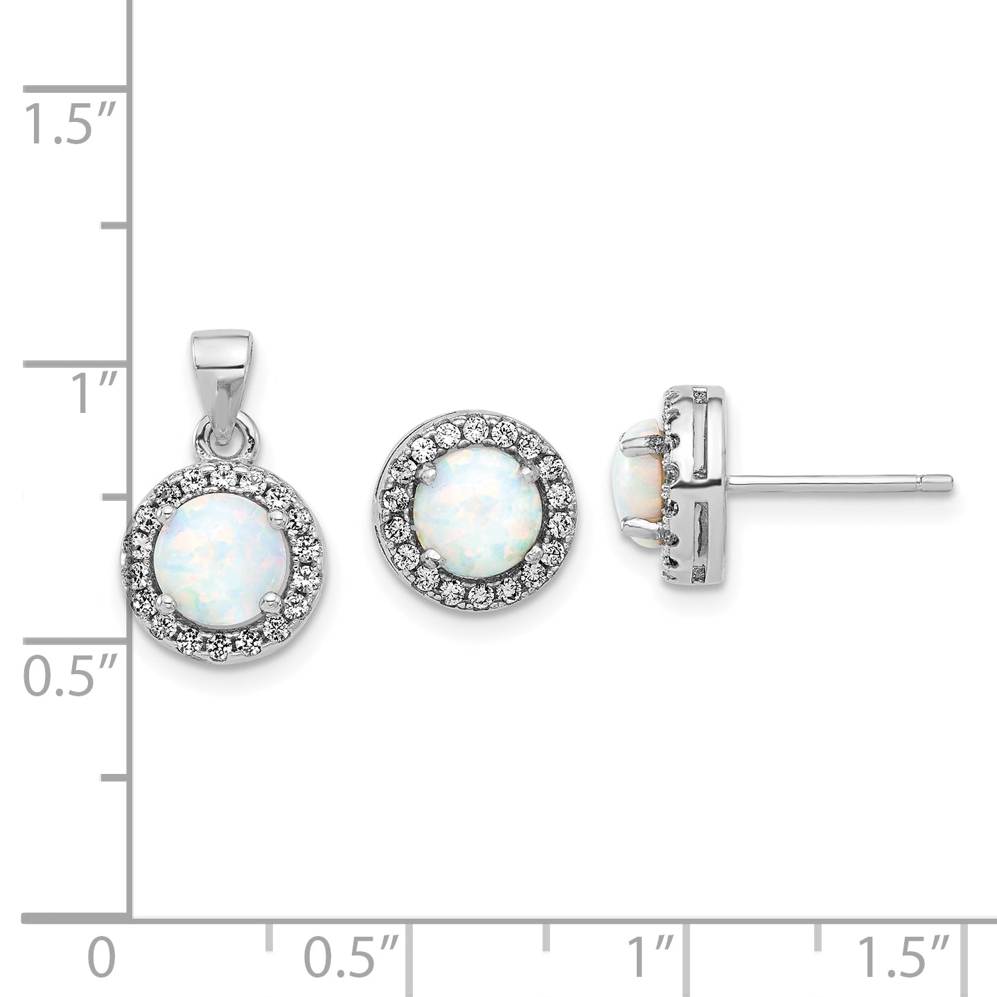 Sterling Silver Rh-plated CZ and Created Opal Halo Pendant and Earring Set