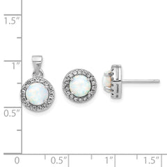 Sterling Silver Rh-plated CZ and Created Opal Halo Pendant and Earring Set