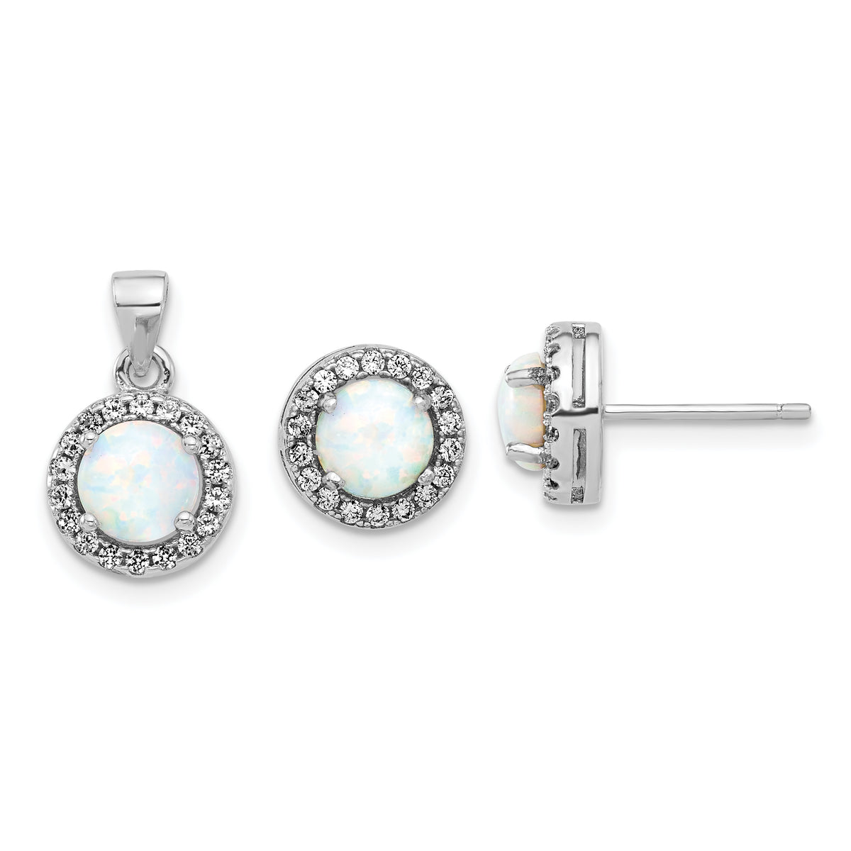 Sterling Silver Rh-plated CZ and Created Opal Halo Pendant and Earring Set