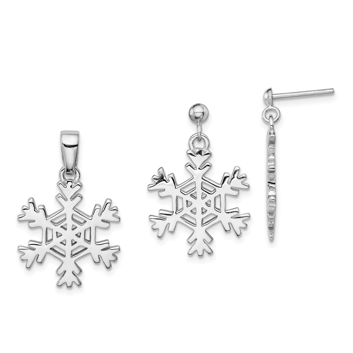 Sterling Silver Rhodium-plated Snowflake Earrings and Pendant Set