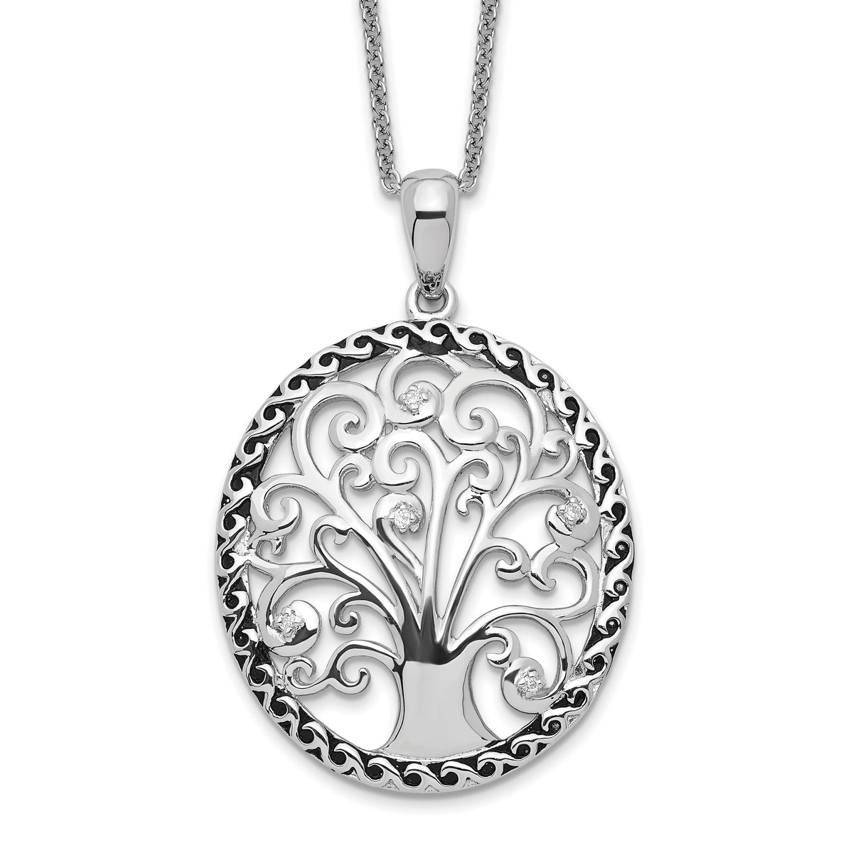 Sentimental Expressions Sterling Silver Rhodium-plated CZ Antiqued Tree of Life 18in Necklace