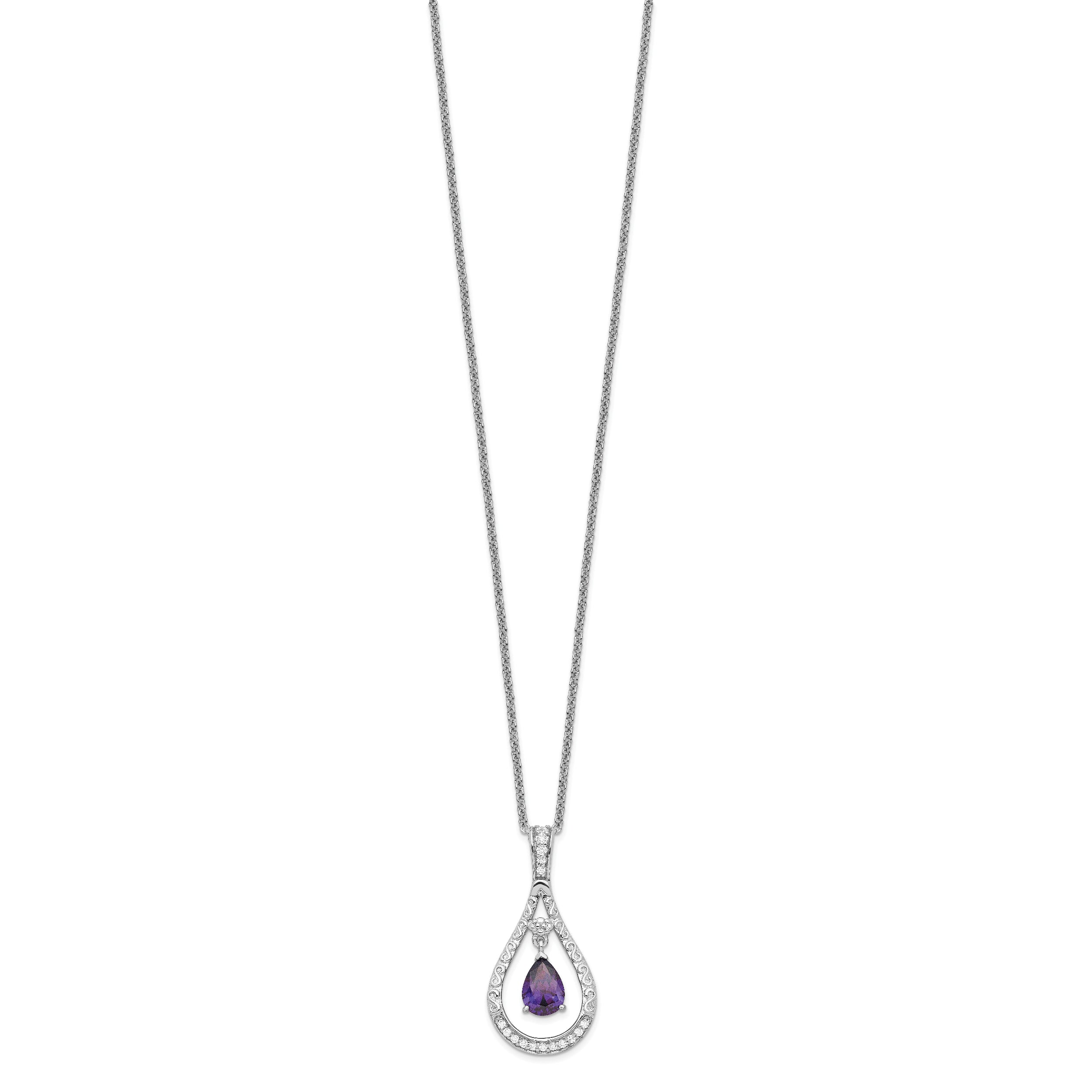 Sentimental Expressions Sterling Silver Rhodium-plated Feb. CZ Stone Never Forget Tear 18 Inch Birthstone Necklace