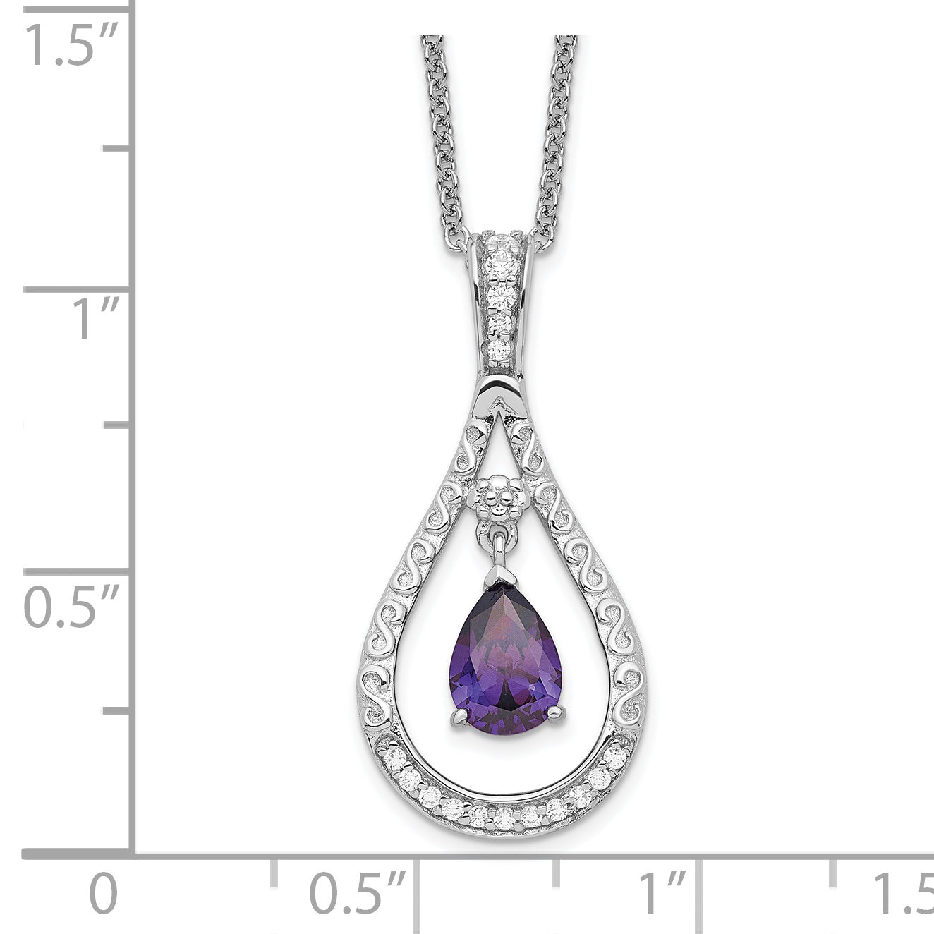 Sentimental Expressions Sterling Silver Rhodium-plated Feb. CZ Stone Never Forget Tear 18 Inch Birthstone Necklace