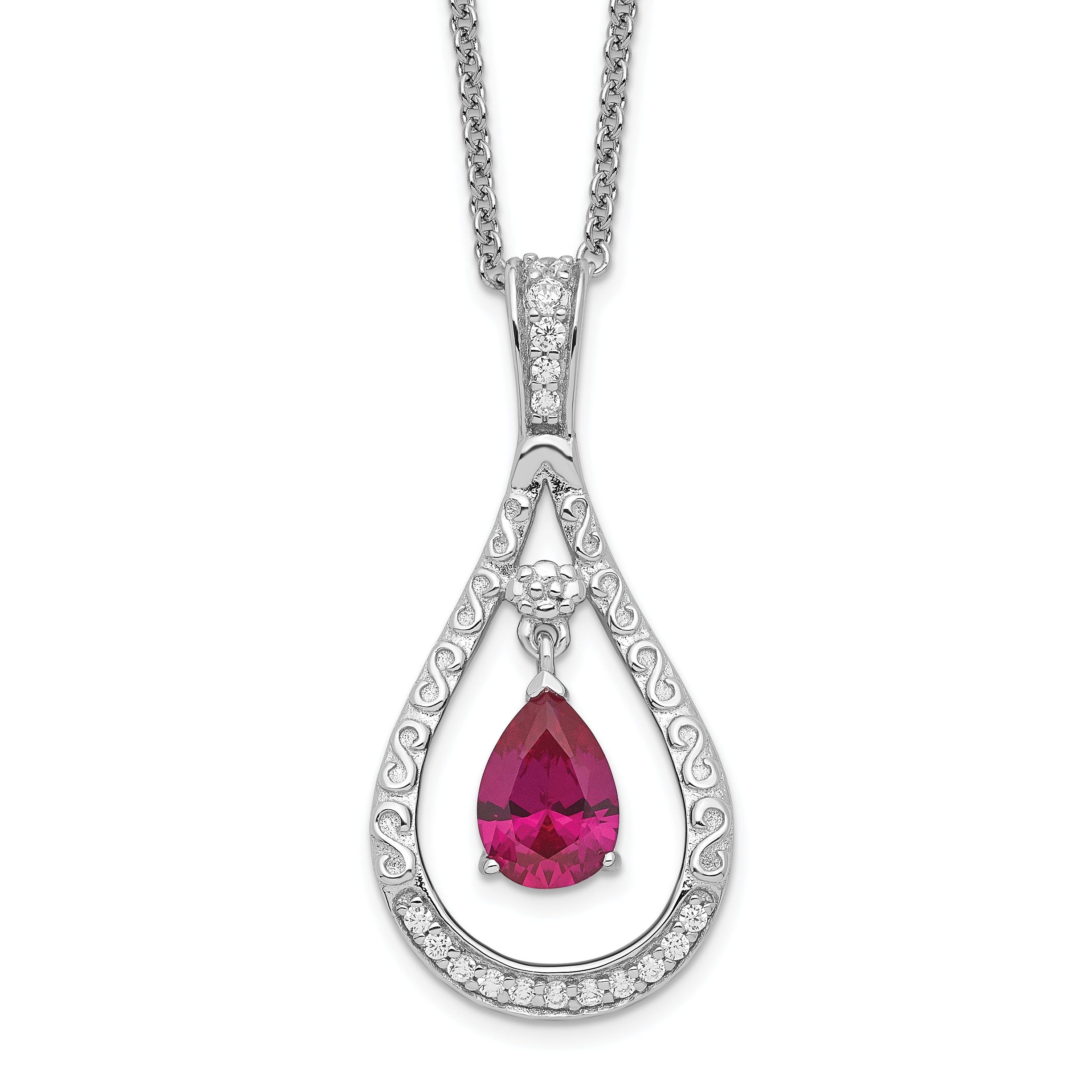 Sentimental Expressions Sterling Silver Rhodium-plated July CZ Stone Never Forget Tear 18in Birthstone Necklace