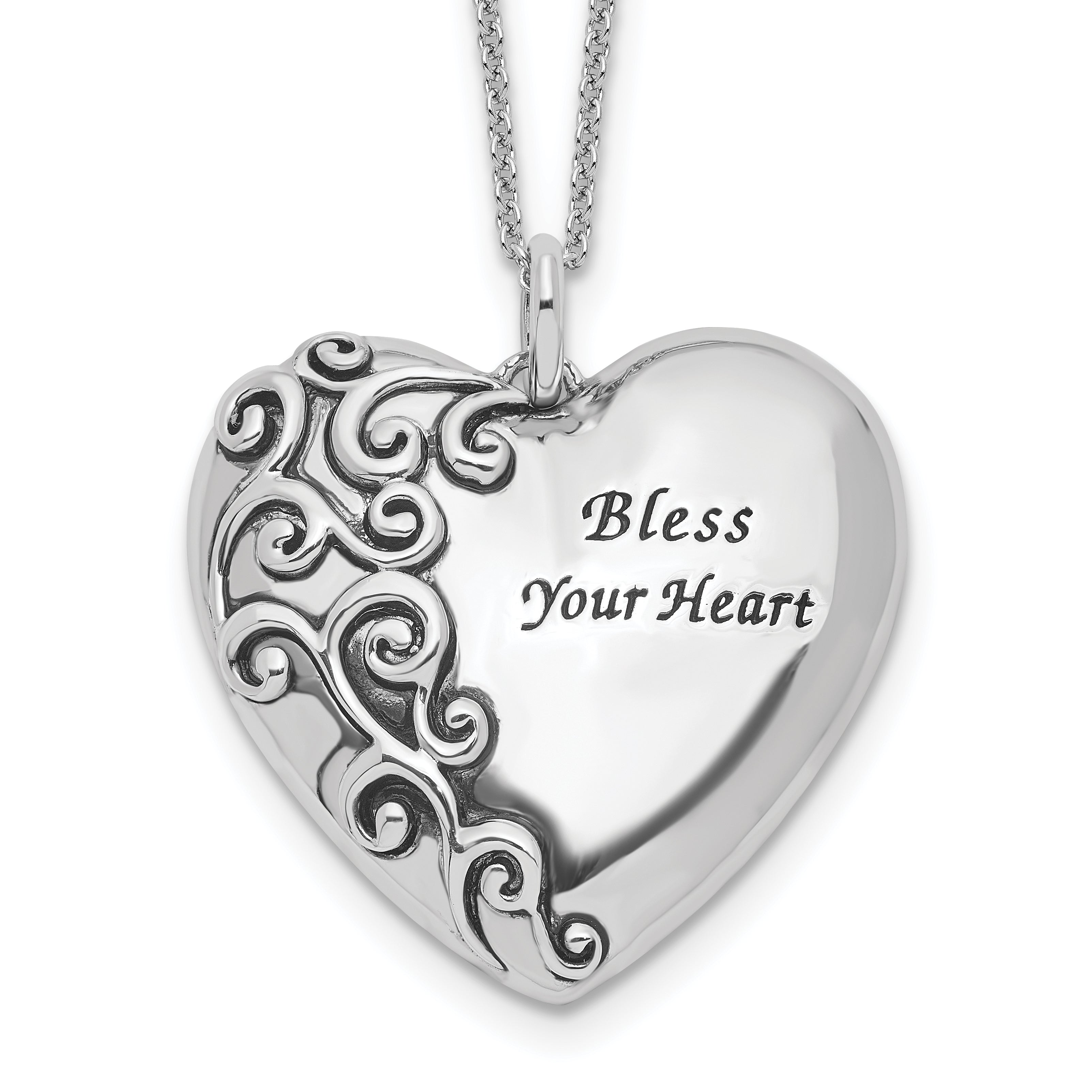 Sentimental Expressions Sterling Silver Rhodium-plated Antiqued Bless Your Heart 18in Necklace