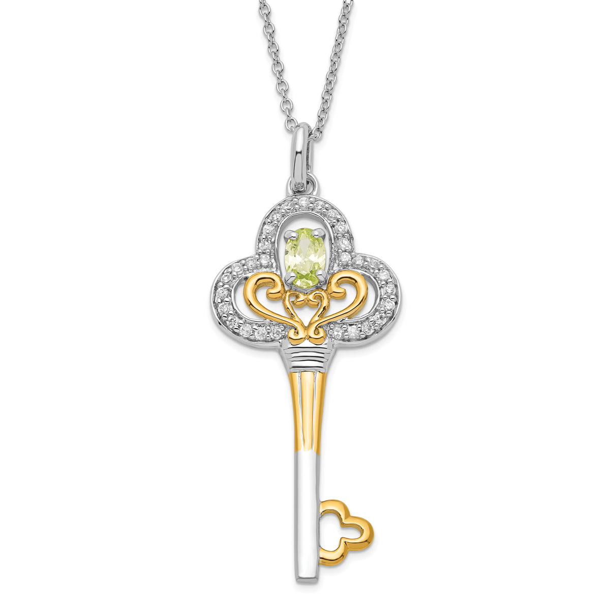 Sentimental Expressions Sterling Silver & Gold-plated Polished August Green & Clear CZ Birthstone Key Necklace