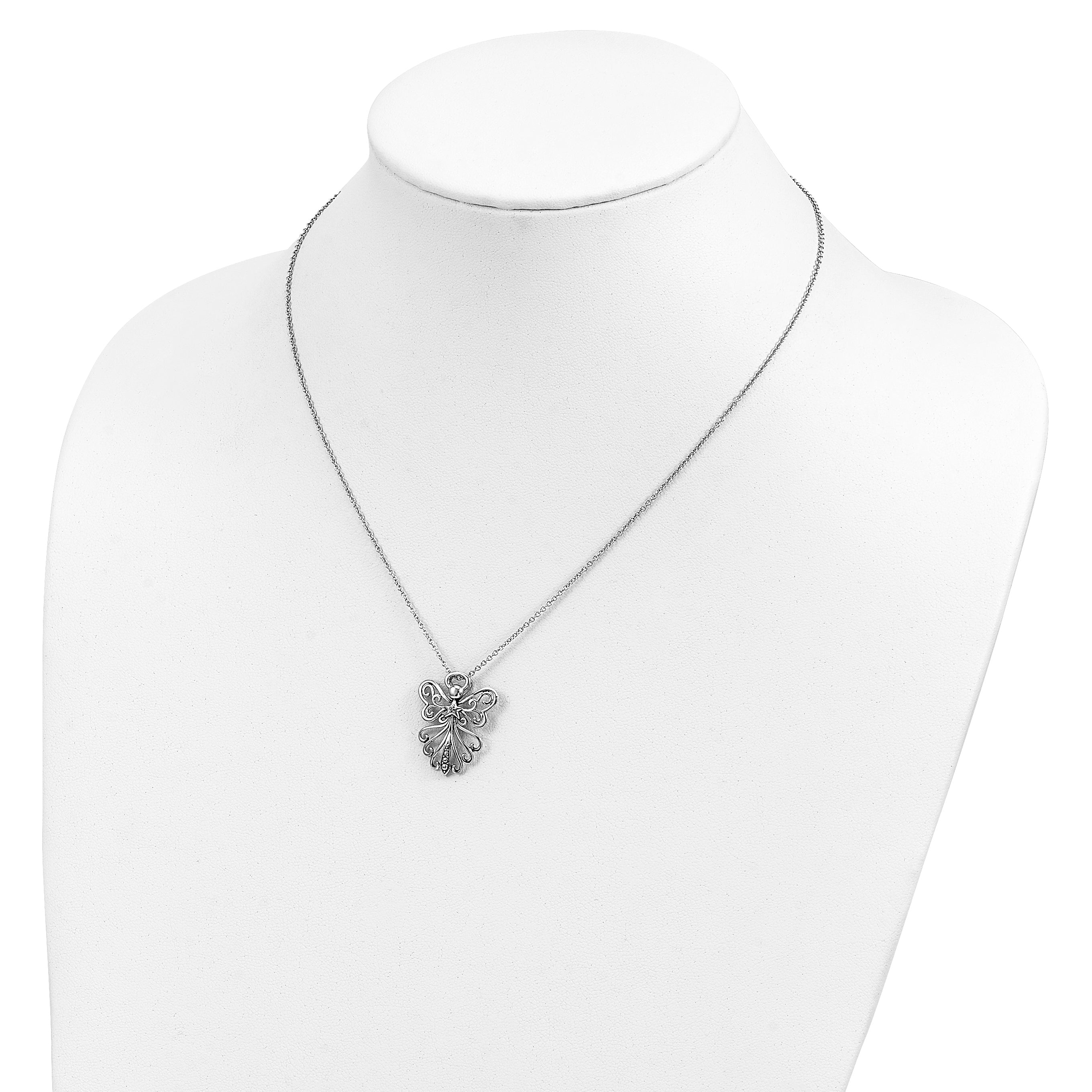 Sentimental Expressions Sterling Silver Rhodium-plated CZ Antiqued Angel, Heavenly Angel 18 Inch Necklace