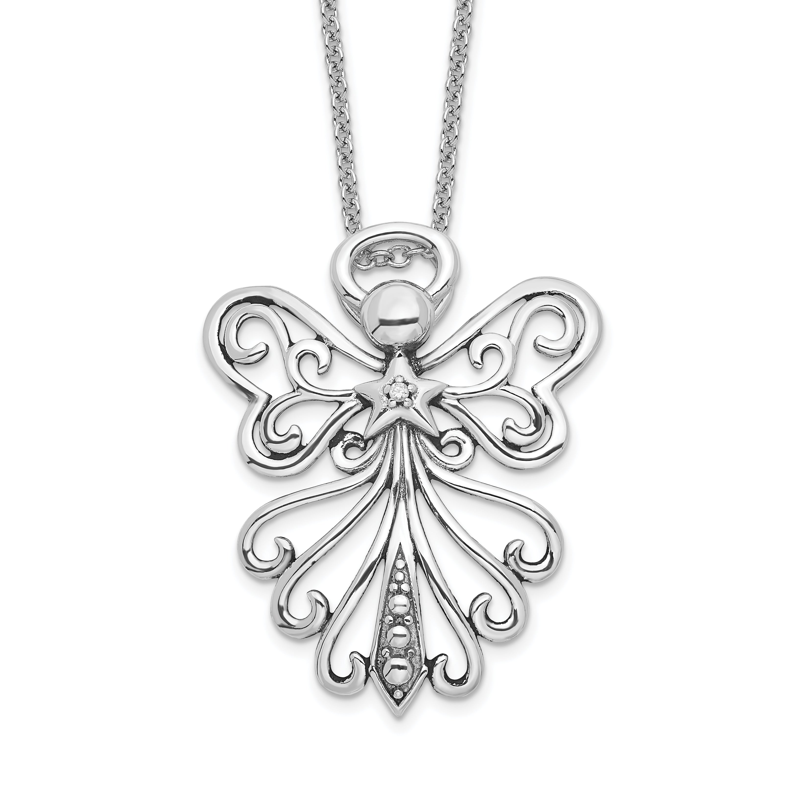 Sentimental Expressions Sterling Silver Rhodium-plated CZ Antiqued Angel, Heavenly Angel 18 Inch Necklace