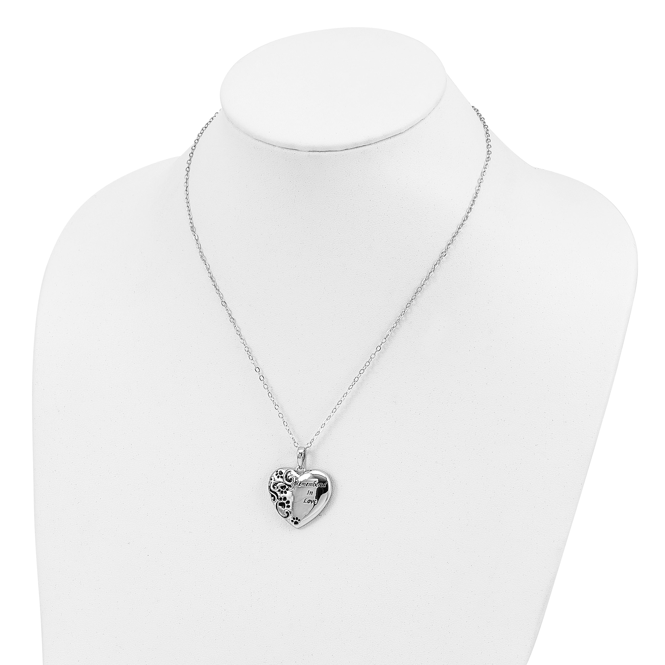 Sentimental Expressions Sterling Silver Rhodium-plated Antiqued Paw Print Remembered in Love Heart 18 Inch Necklace