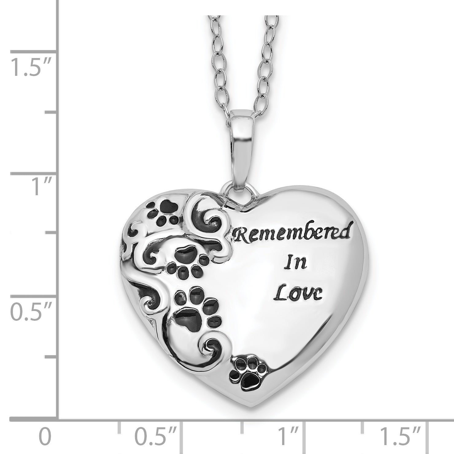 Sentimental Expressions Sterling Silver Rhodium-plated Antiqued Paw Print Remembered in Love Heart 18 Inch Necklace