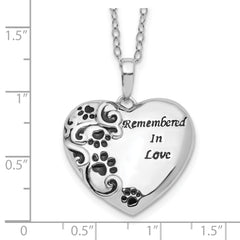 Sentimental Expressions Sterling Silver Rhodium-plated Antiqued Paw Print Remembered in Love Heart 18 Inch Necklace