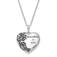 Sentimental Expressions Sterling Silver Rhodium-plated Antiqued Paw Print Remembered in Love Heart 18 Inch Necklace