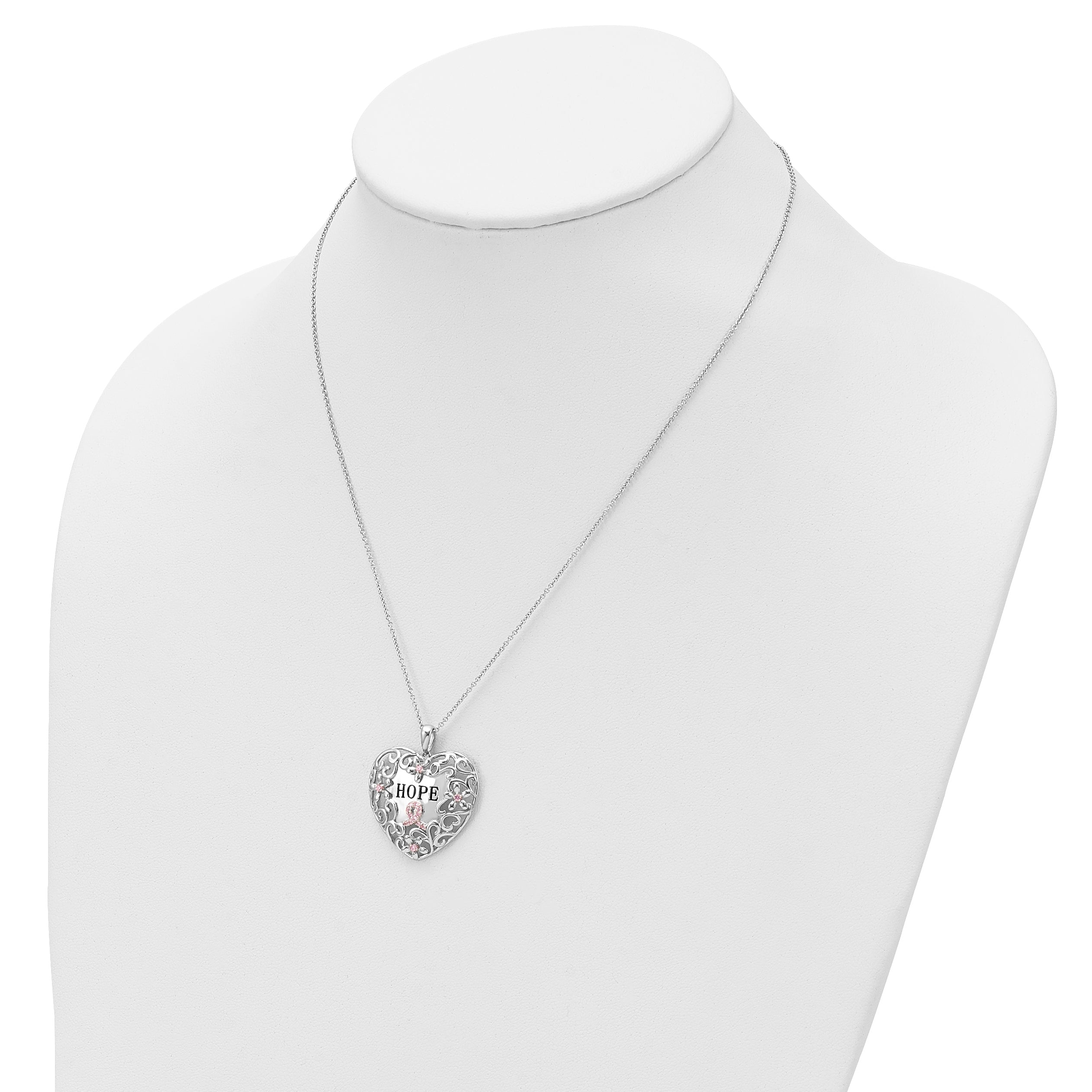 Sentimental Expressions Sterling Silver Rhodium-plated Pink CZ Breast Cancer Heart 18in Necklace