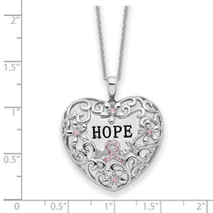 Sentimental Expressions Sterling Silver Rhodium-plated Pink CZ Breast Cancer Heart 18in Necklace