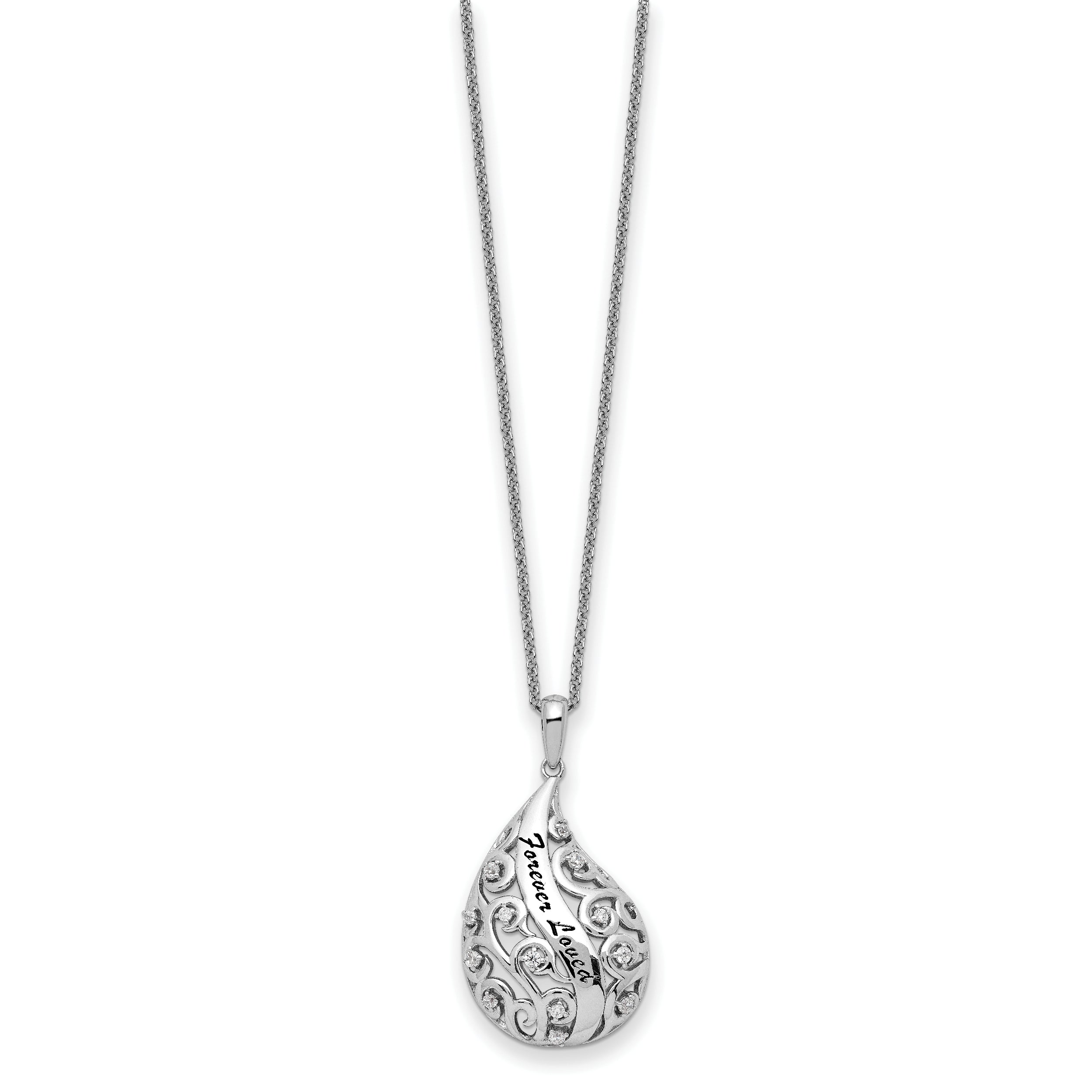 Sentimental Expressions Sterling Silver Rhodium-plated Antiqued CZ Forever Loved Forever Missed 18 Inch Necklace