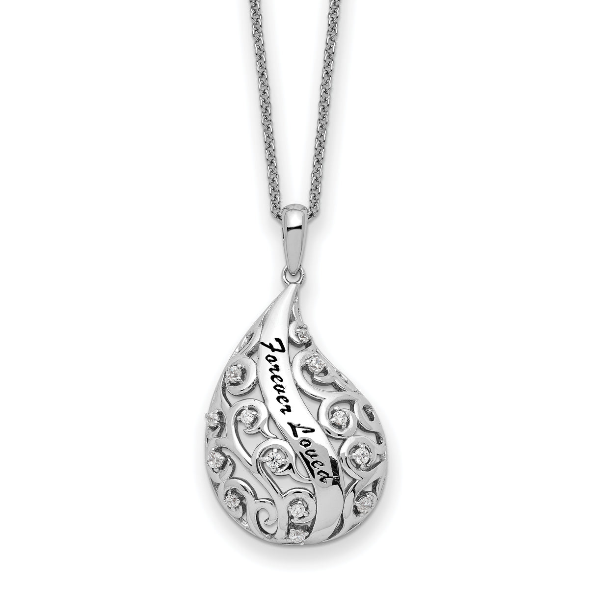 Sentimental Expressions Sterling Silver Rhodium-plated Antiqued CZ Forever Loved Forever Missed 18 Inch Necklace