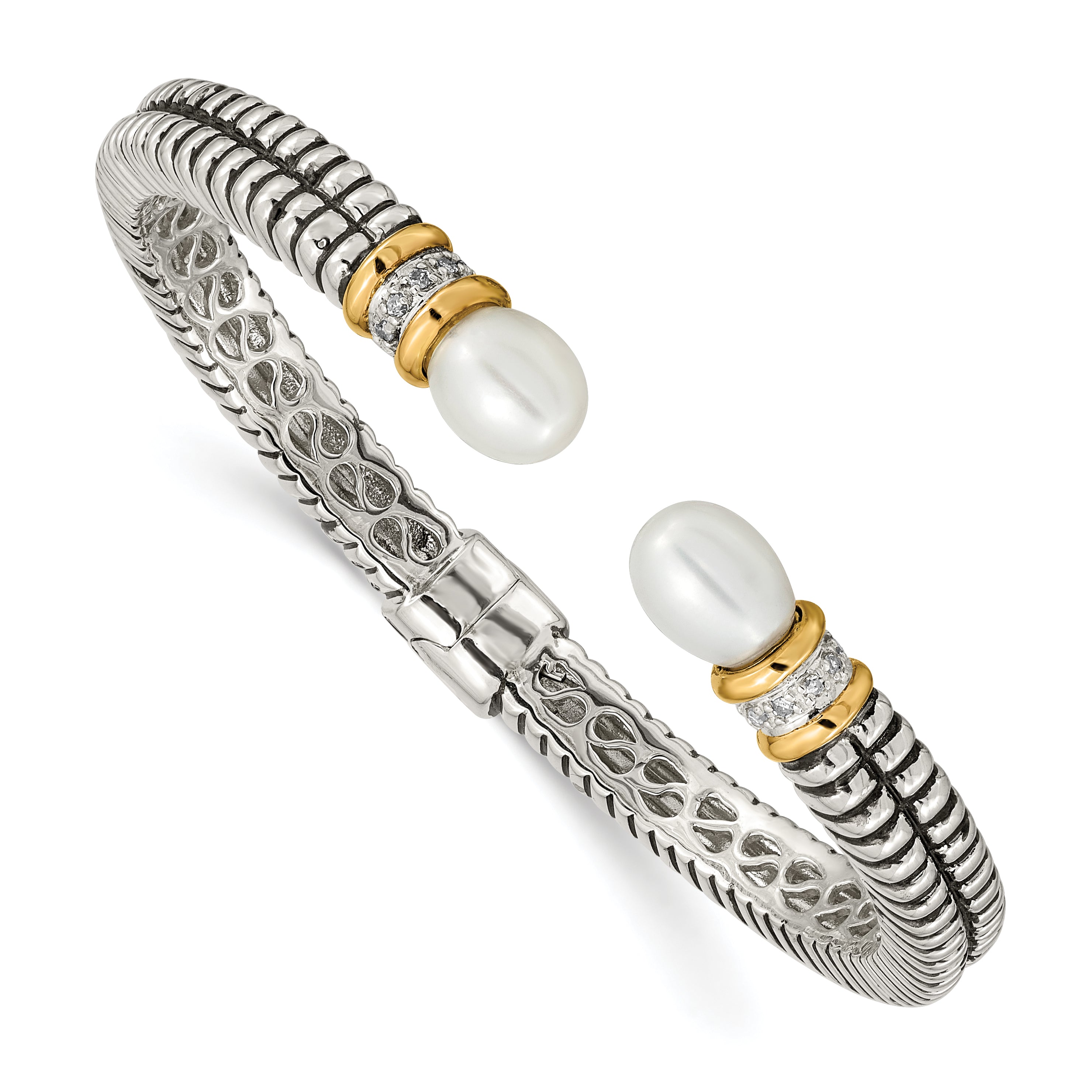 Shey Couture Sterling Silver with 14K Accent Antiqued 10x7.5mm Freshwater Cultured Pearl and Diamond Hinged Cuff Bracelet