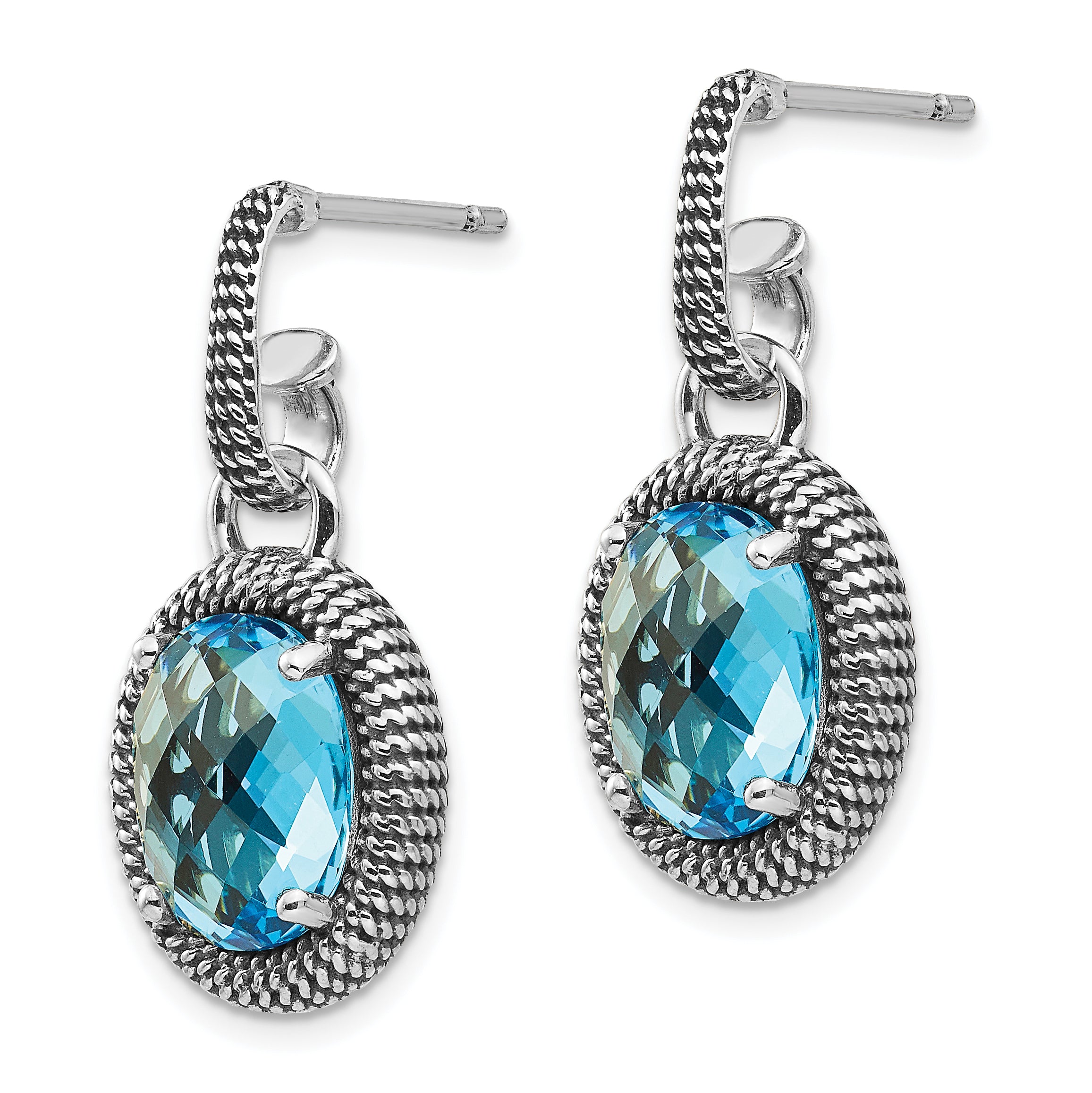 14K Two-Tone Gold Blue Topaz Dangle Earrings with Antiqued Finish