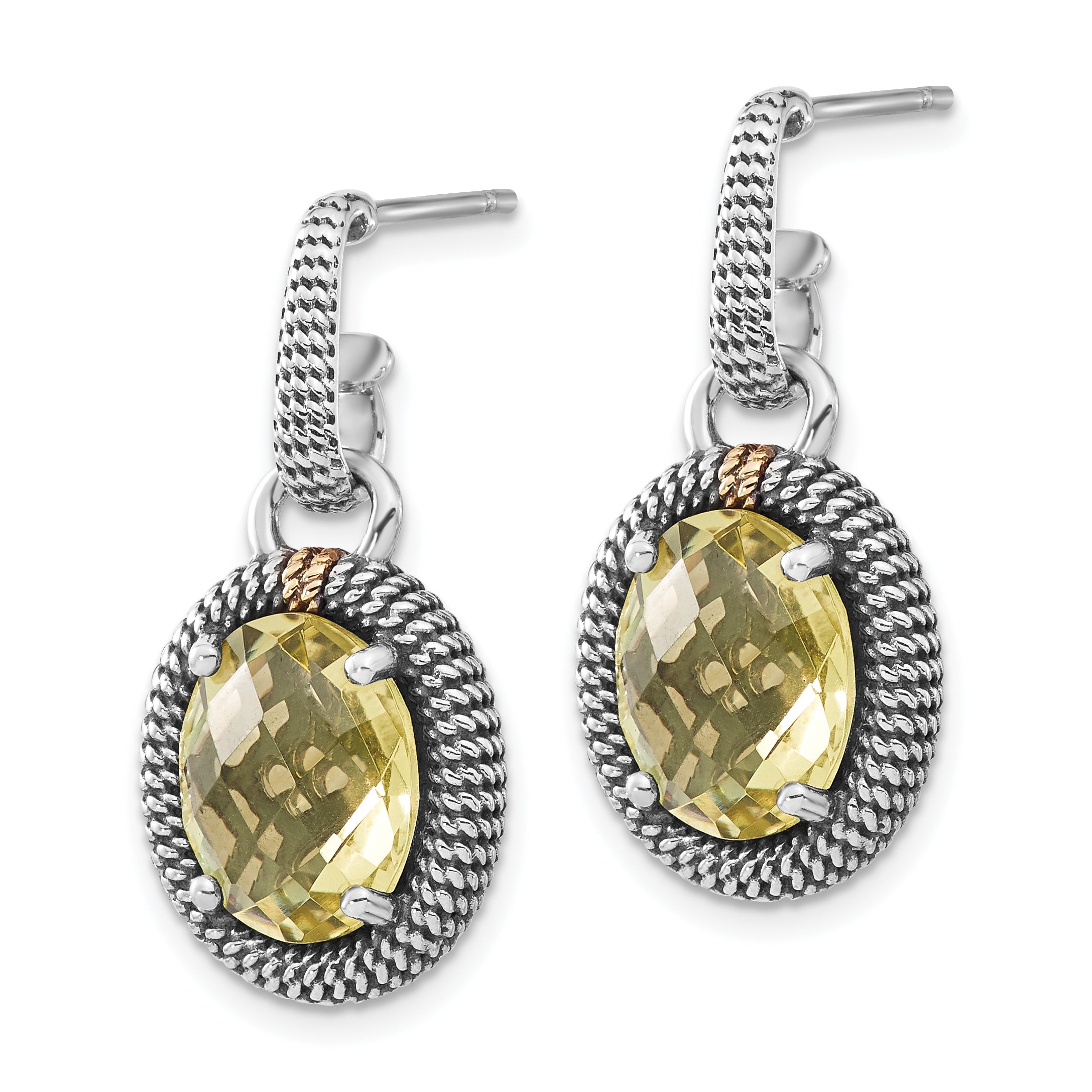 Sterling Silver w/14k Accent Polished & Antiqued Oval Lemon Quartz Post Dangle Earrings