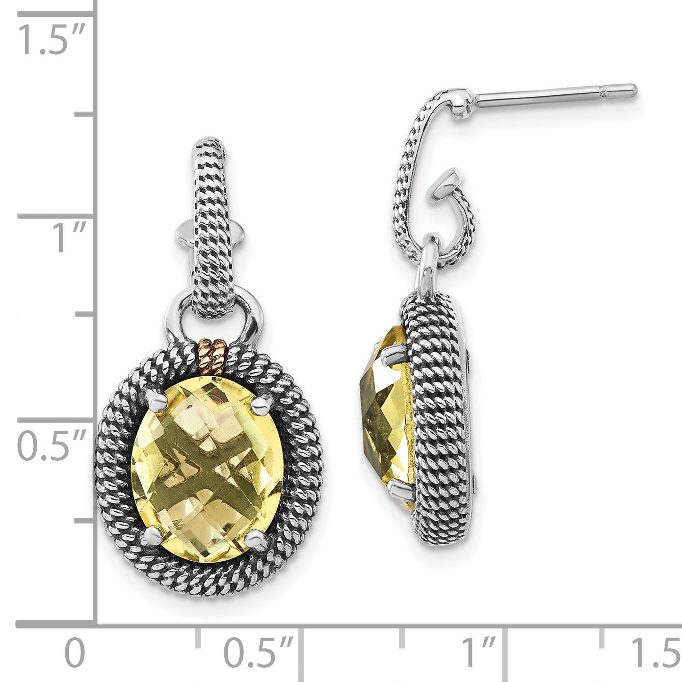 Sterling Silver w/14k Accent Polished & Antiqued Oval Lemon Quartz Post Dangle Earrings