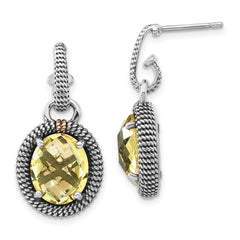 Sterling Silver w/14k Accent Polished & Antiqued Oval Lemon Quartz Post Dangle Earrings