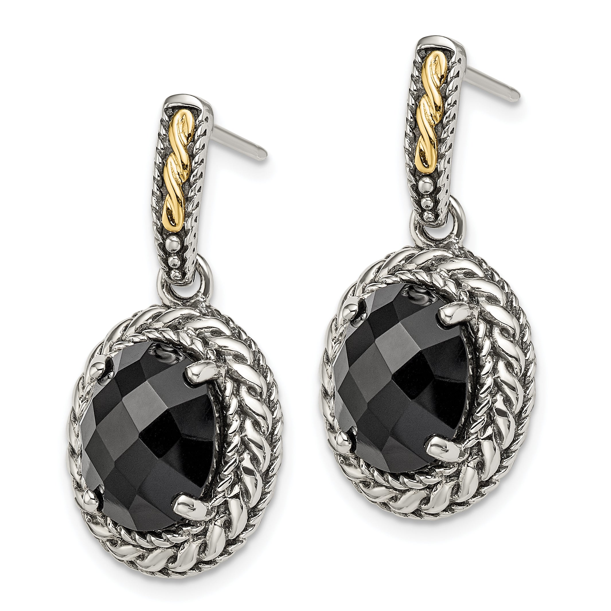 Shey Couture Sterling Silver with 14K Accent Antiqued Checkerboard-cut Black Onyx Post Dangle Earrings