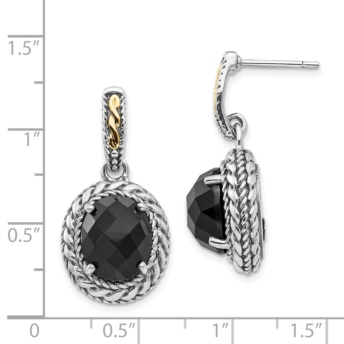 Shey Couture Sterling Silver with 14K Accent Antiqued Checkerboard-cut Black Onyx Post Dangle Earrings