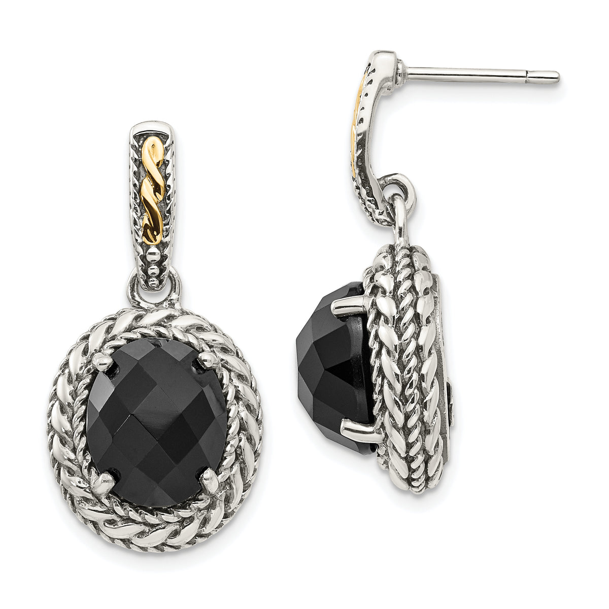 Shey Couture Sterling Silver with 14K Accent Antiqued Checkerboard-cut Black Onyx Post Dangle Earrings