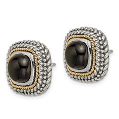 Shey Couture Sterling Silver with 14K Accent Antiqued Cabochon Black Onyx Post Earrings