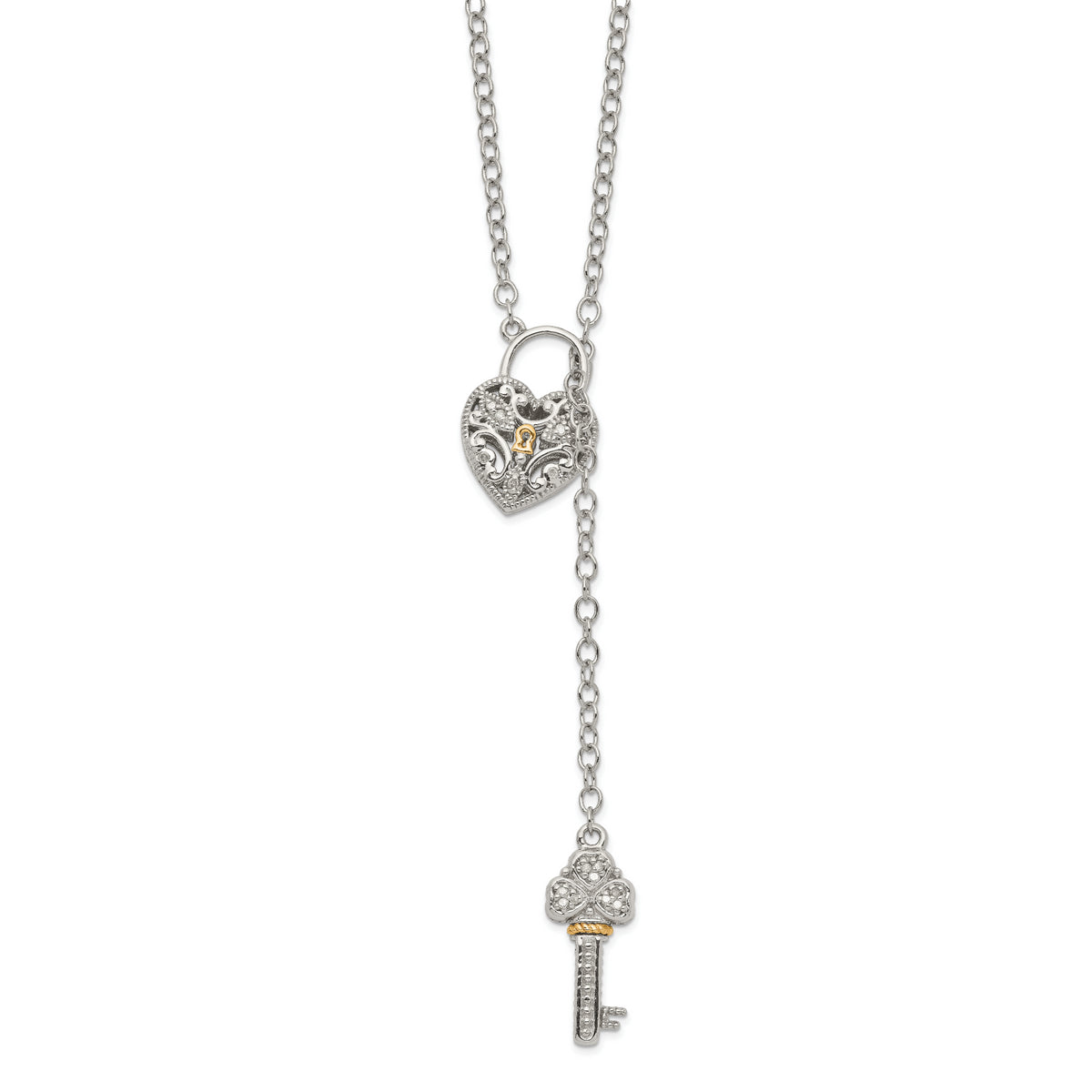 Shey Couture Sterling Silver Rhodium-plated with 14K Accent 18 Inch Diamond Heart Lock and Key Necklace