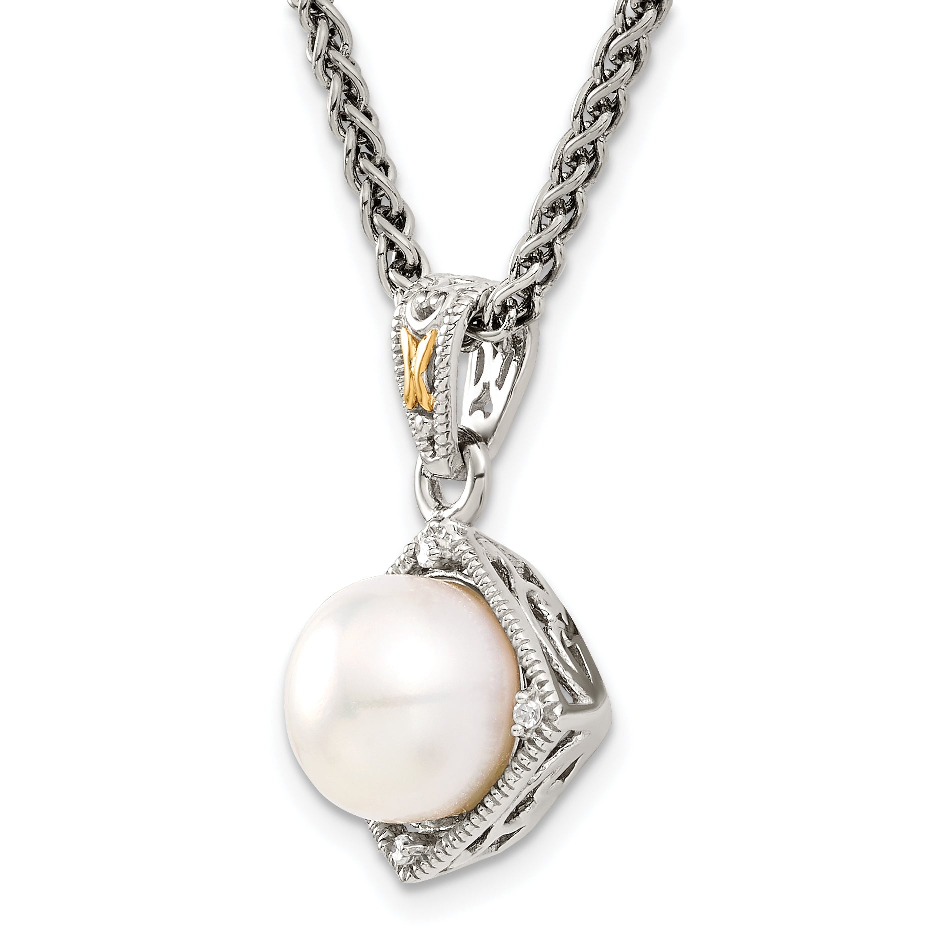 Shey Couture Sterling Silver with 14K Accent 18 Inch Freshwater Cultured Pearl and Diamond Necklace