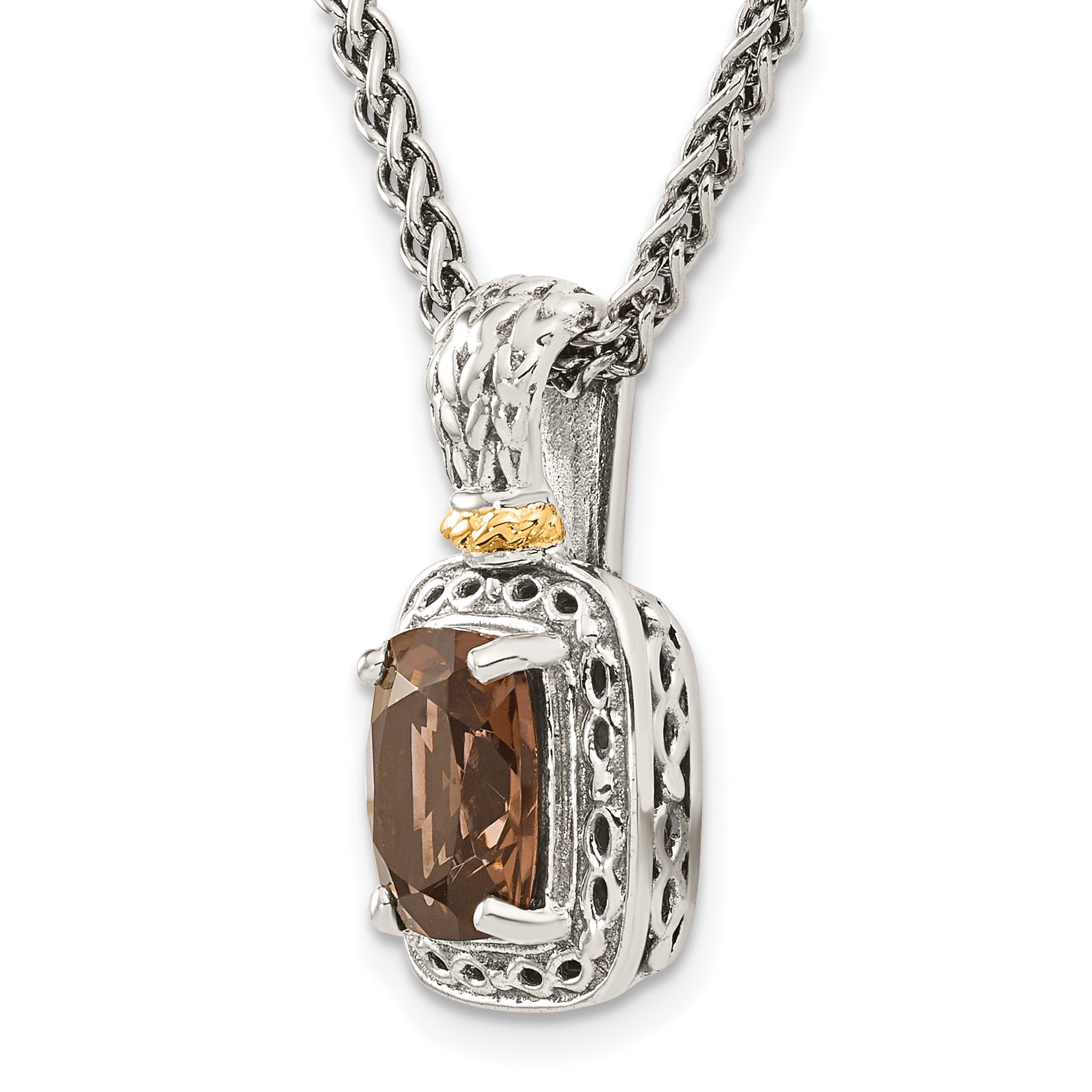 Shey Couture Sterling Silver with 14K Accent 18 Inch Antiqued Cushion Checkerboard Smoky Quartz Necklace