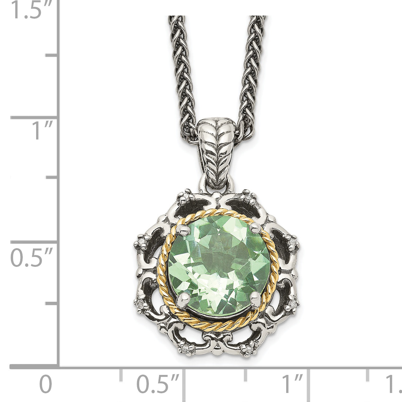 Shey Couture Sterling Silver with 14K Accent 18 Inch Antiqued Round Green Quartz and Diamond Necklace