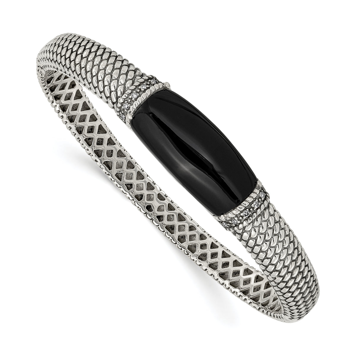 Shey Couture Sterling Silver Antiqued Black Onyx and Diamond Hinged Bangle Bracelet