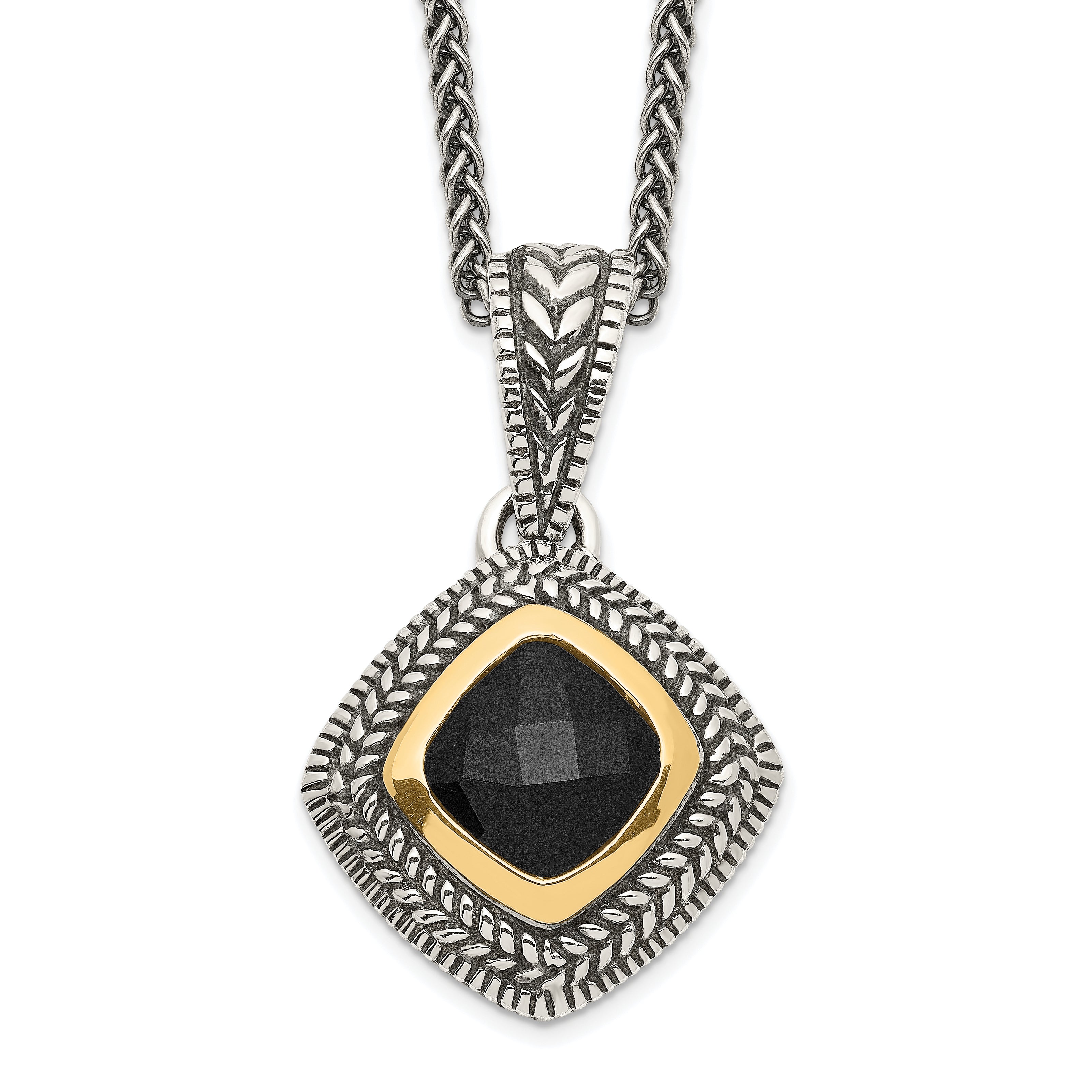 Shey Couture Sterling Silver with 14K Accent 18 Inch Antiqued Checkerboard-cut Black Onyx Necklace