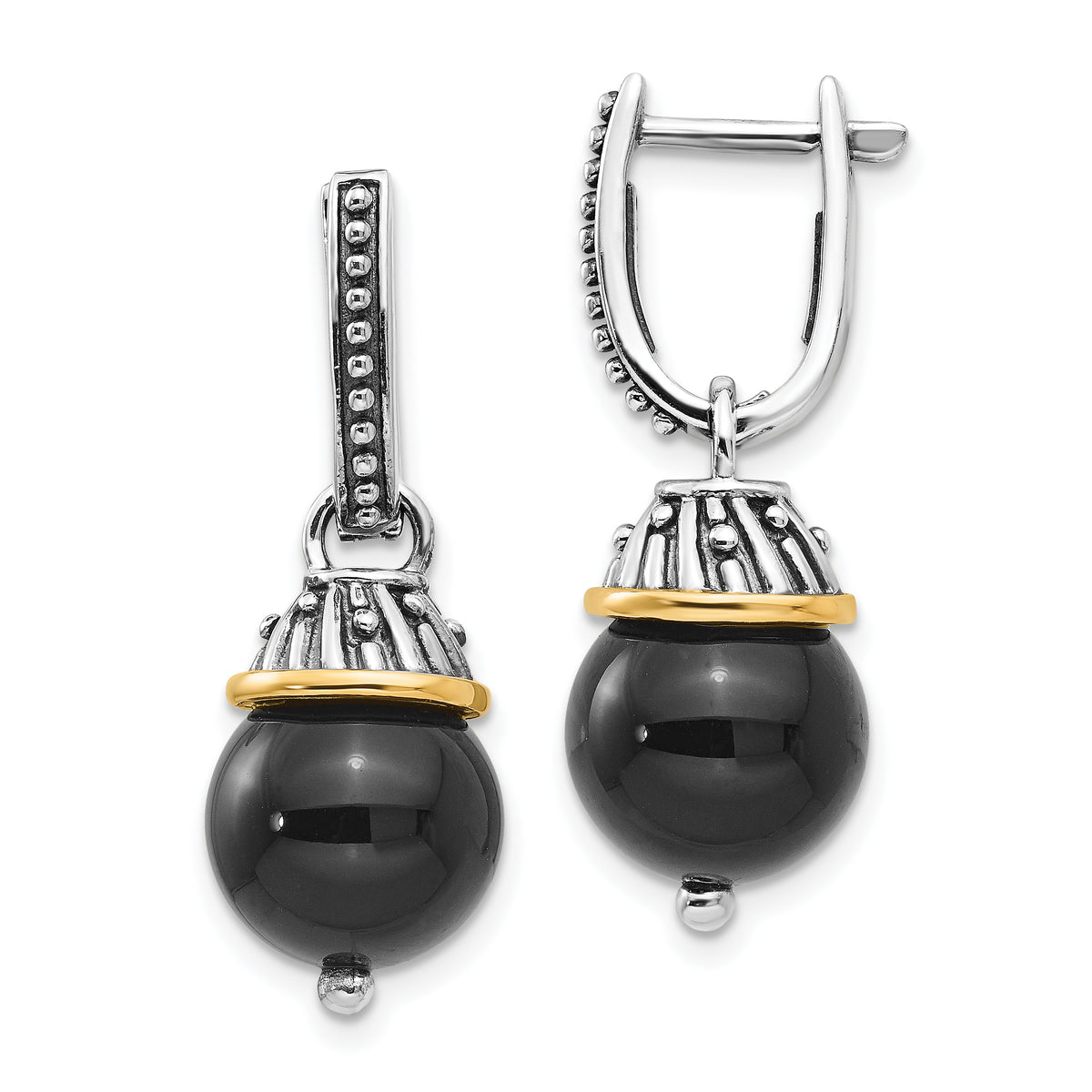 Shey Couture Sterling Silver with 14K Accent Antiqued Black Onyx Hinged Hoop Dangle Earrings