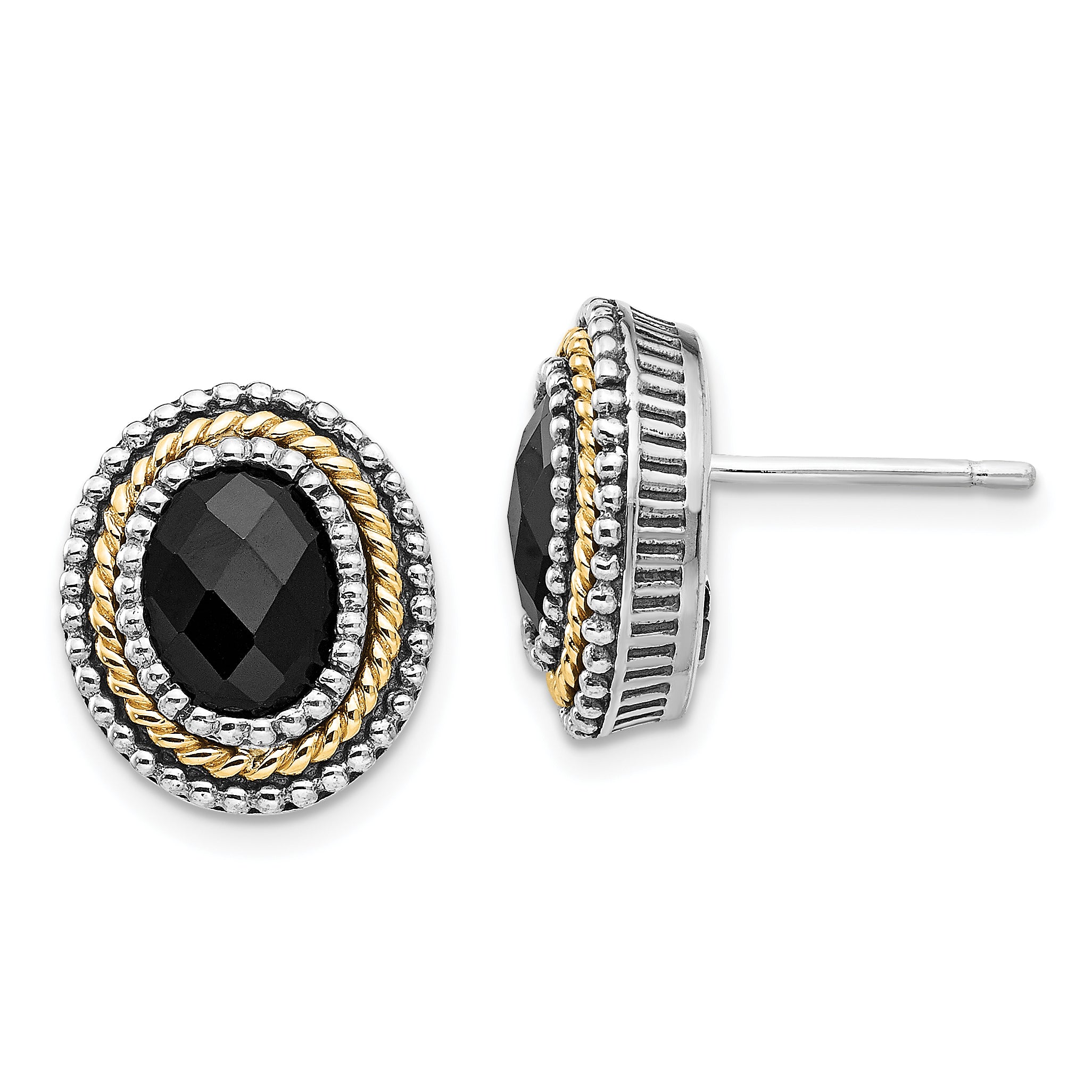 Shey Couture Sterling Silver with 14K Accent Antiqued Checkerboard-cut Black Onyx Post Earrings