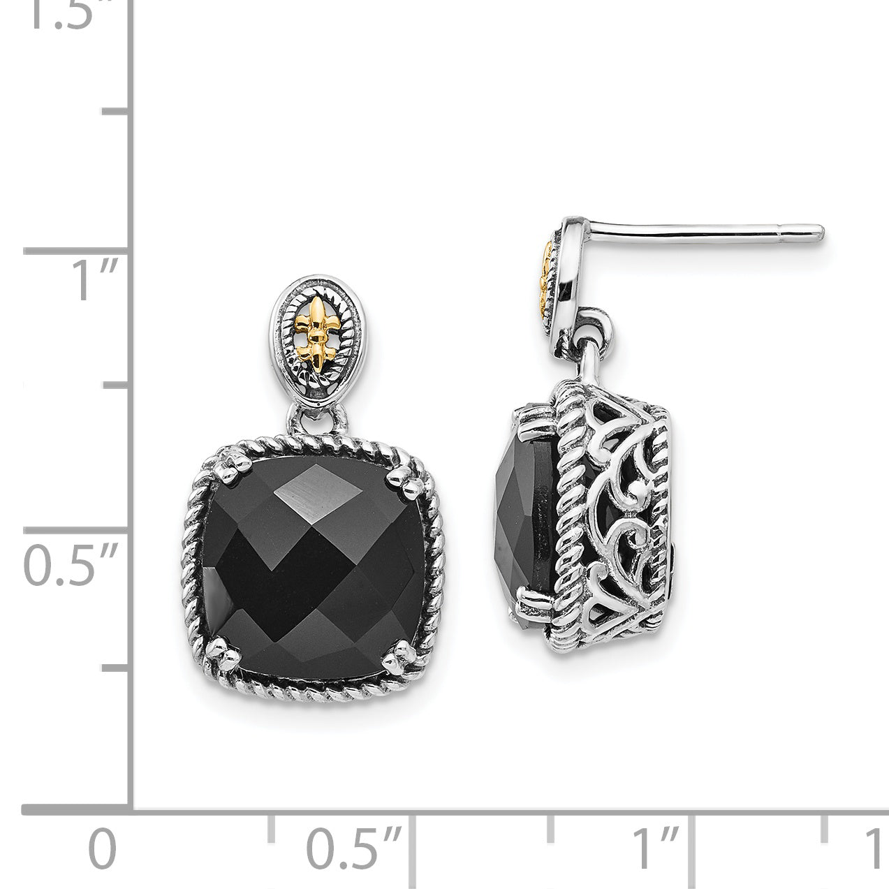 Shey Couture Sterling Silver with 14K Accent Antiqued Checkerboard-cut Black Onyx Dangle Post Earrings