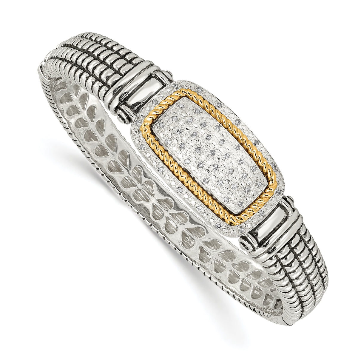 Shey Couture Sterling Silver with 14K Accent Antiqued 1/4 carat Diamond Hinged Bangle Bracelet