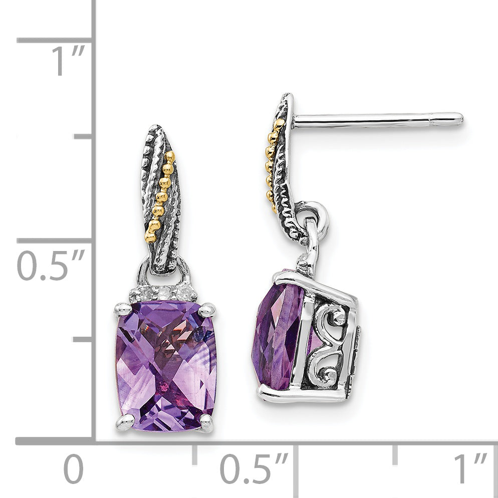 Shey Couture Sterling Silver with 14K Accent Antiqued Diamond and Cushion Amethyst Dangle Post Earrings