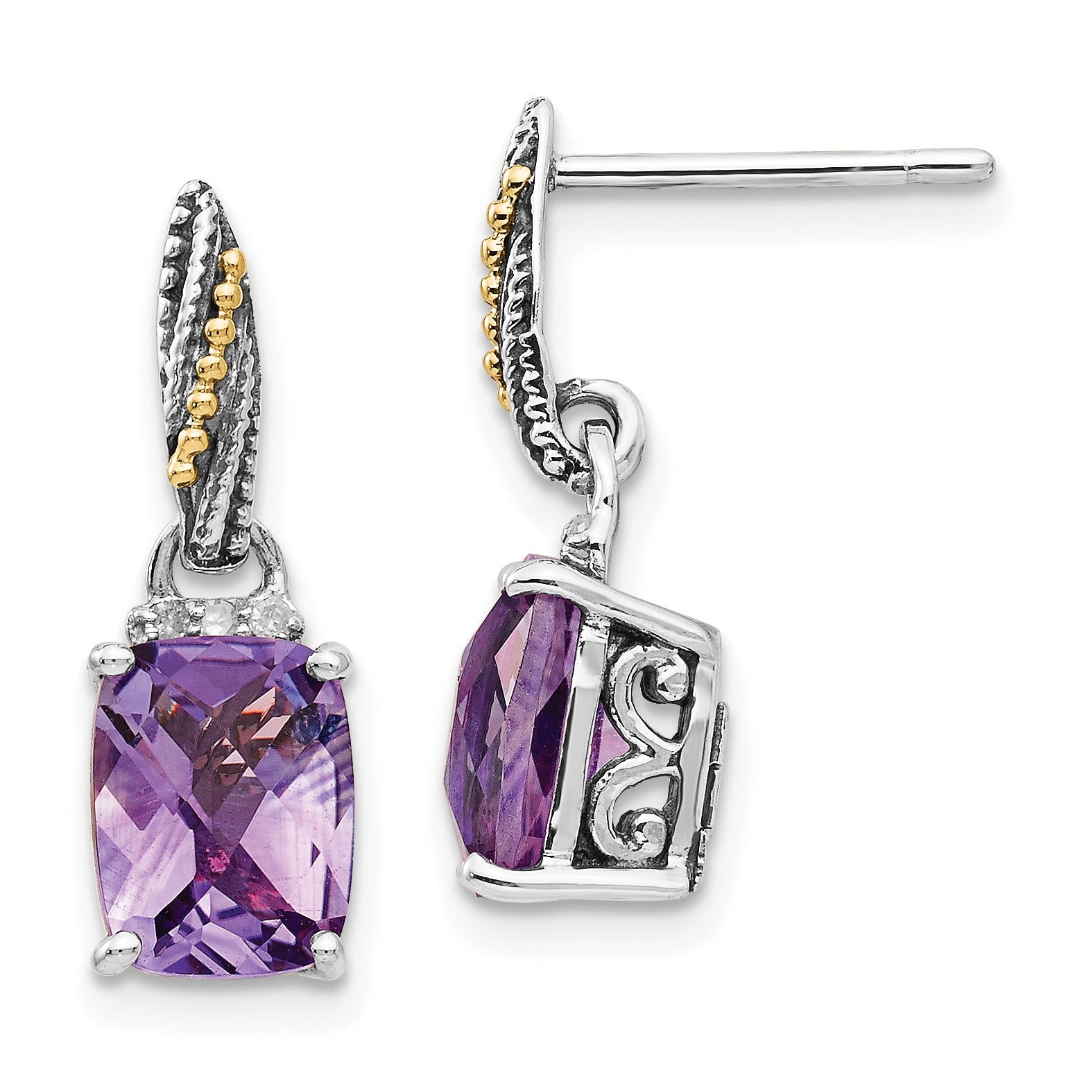 Shey Couture Sterling Silver with 14K Accent Antiqued Diamond and Cushion Amethyst Dangle Post Earrings