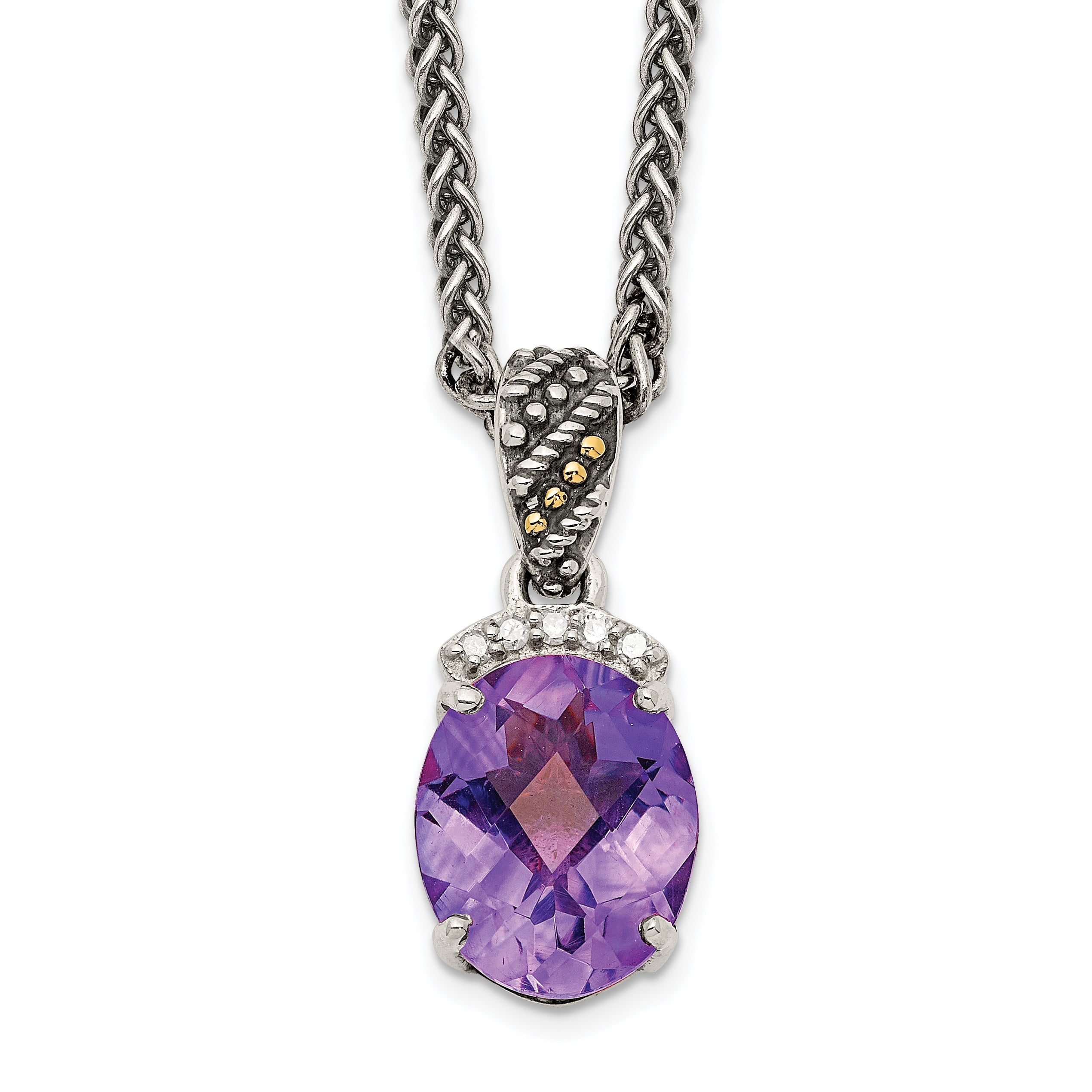 Shey Couture Sterling Silver with 14K Accent 18 Inch Antiqued Checkerboard-cut Oval Amethyst and Diamond Necklace