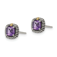 Shey Couture Sterling Silver with 14K Accent Antiqued Cushion-cut Amethyst Post Earrings