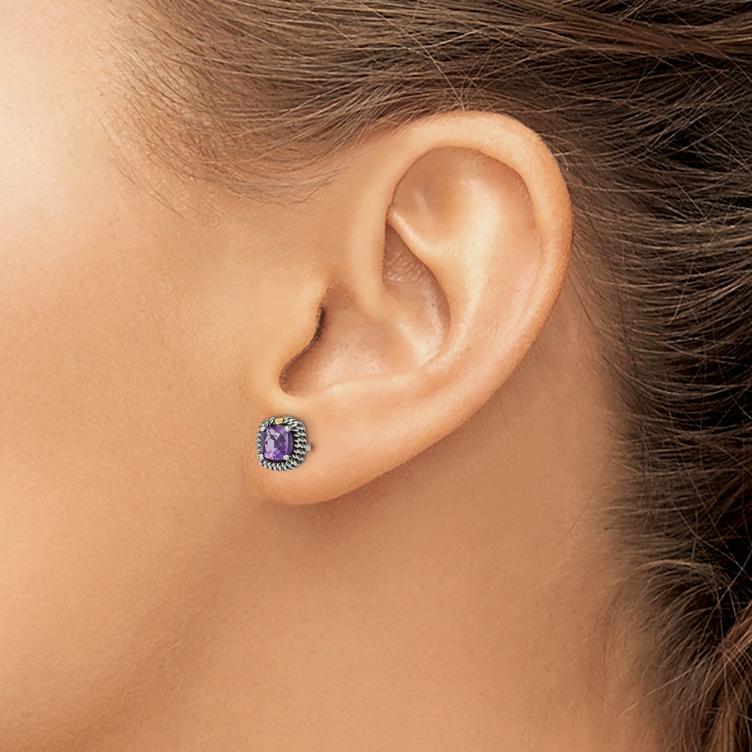 Shey Couture Sterling Silver with 14K Accent Antiqued Cushion-cut Amethyst Post Earrings