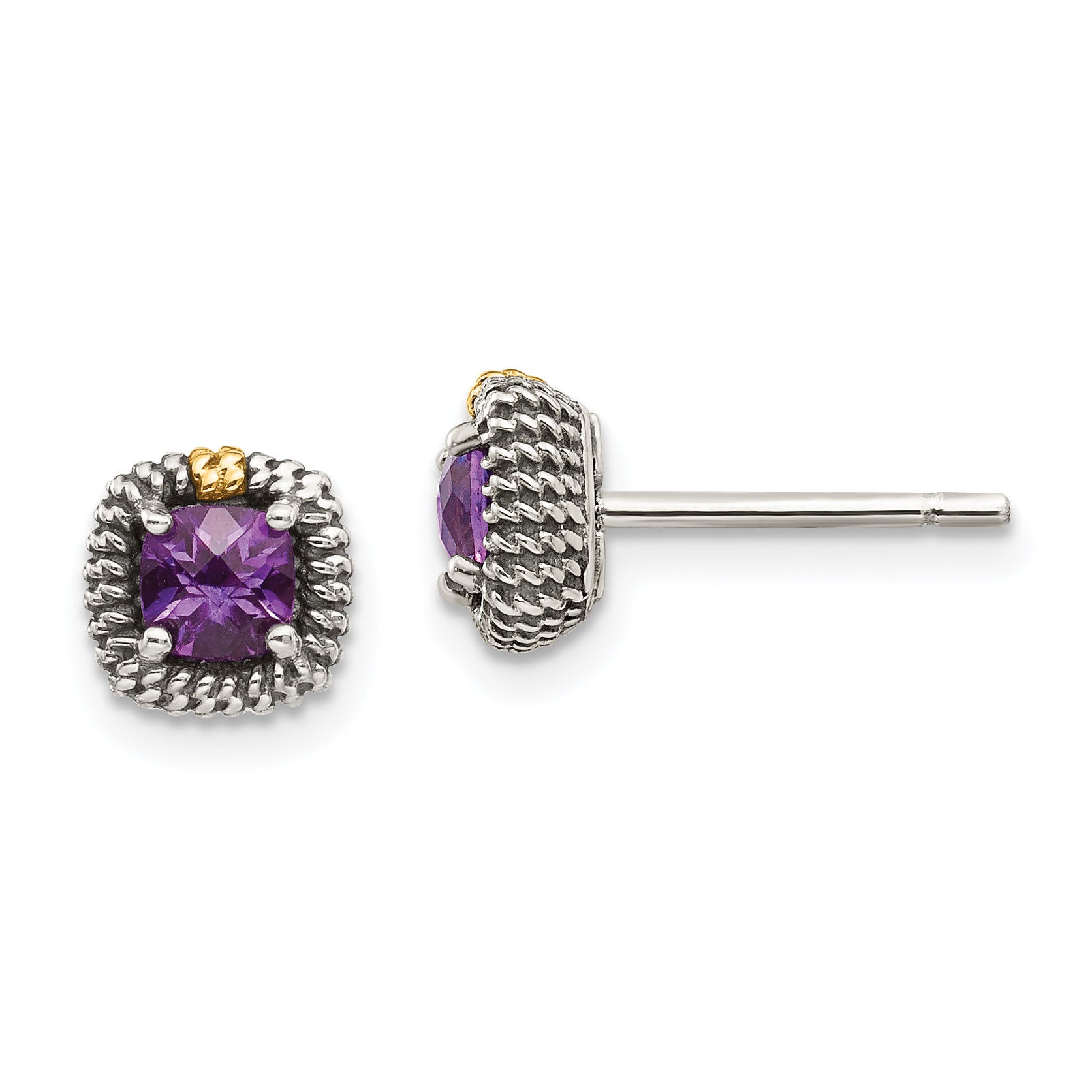 Shey Couture Sterling Silver with 14K Accent Antiqued Cushion-cut Amethyst Post Earrings