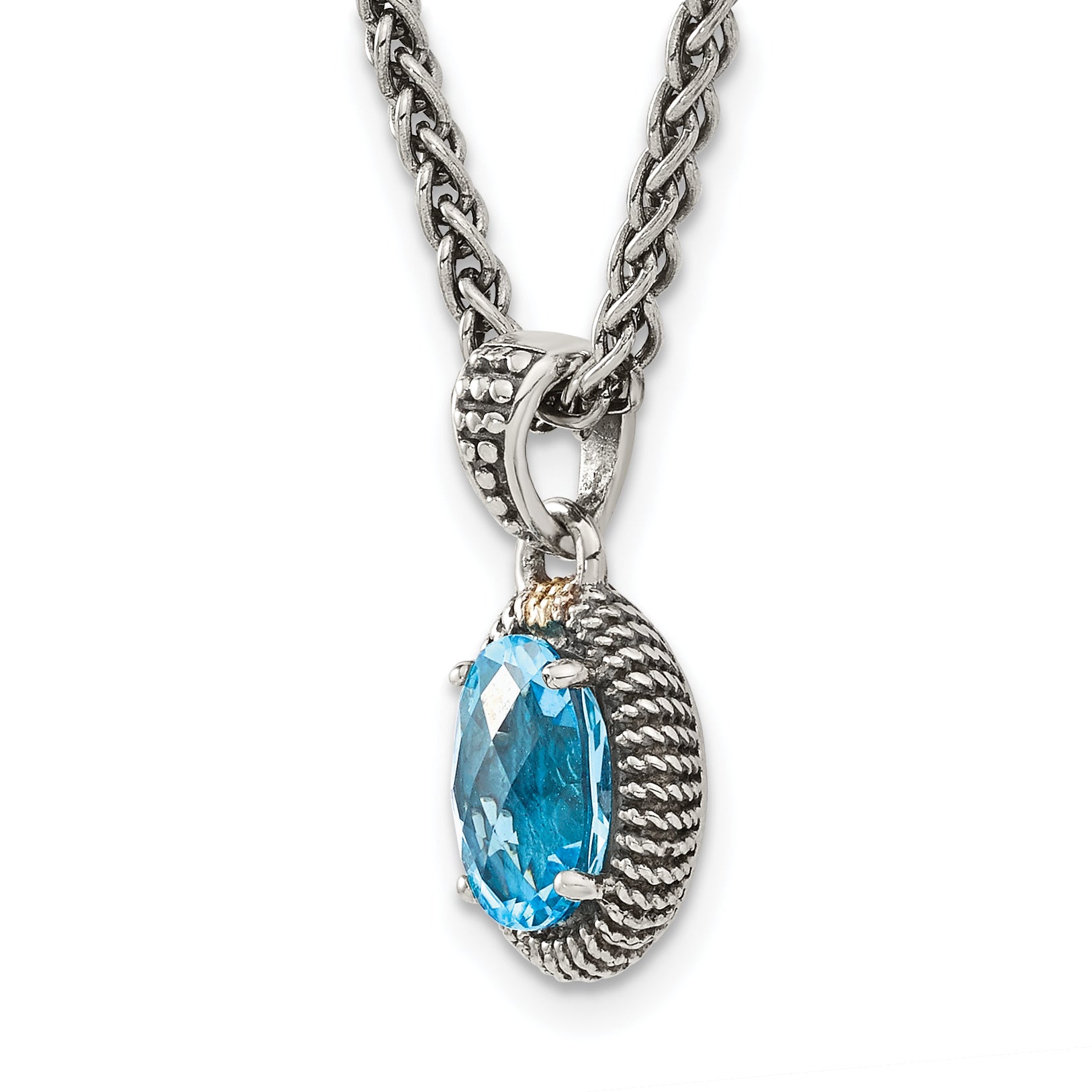 Shey Couture Sterling Silver with 14K Accent 18 Inch Antiqued Oval Light Swiss Blue Topaz Oval Necklace