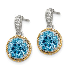 Sophia Jewelers Sterling Silver 14K Gold Blue Topaz Diamond Dangle Earrings