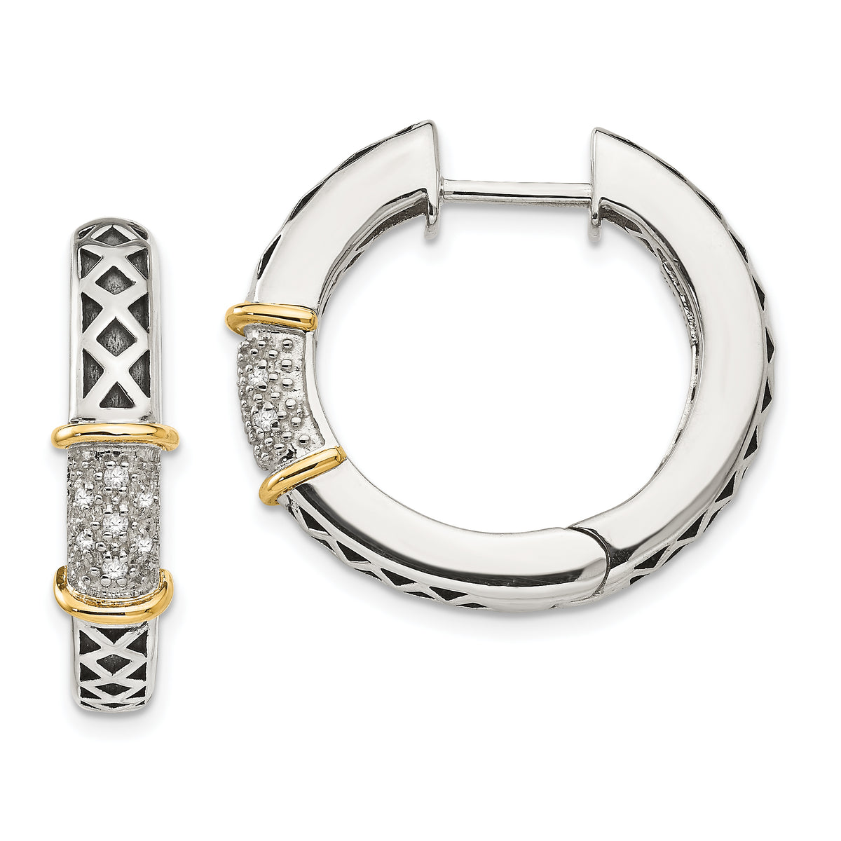 Shey Couture Sterling Silver with 14K Accent Antiqued Diamond Hinged Hoop Earrings