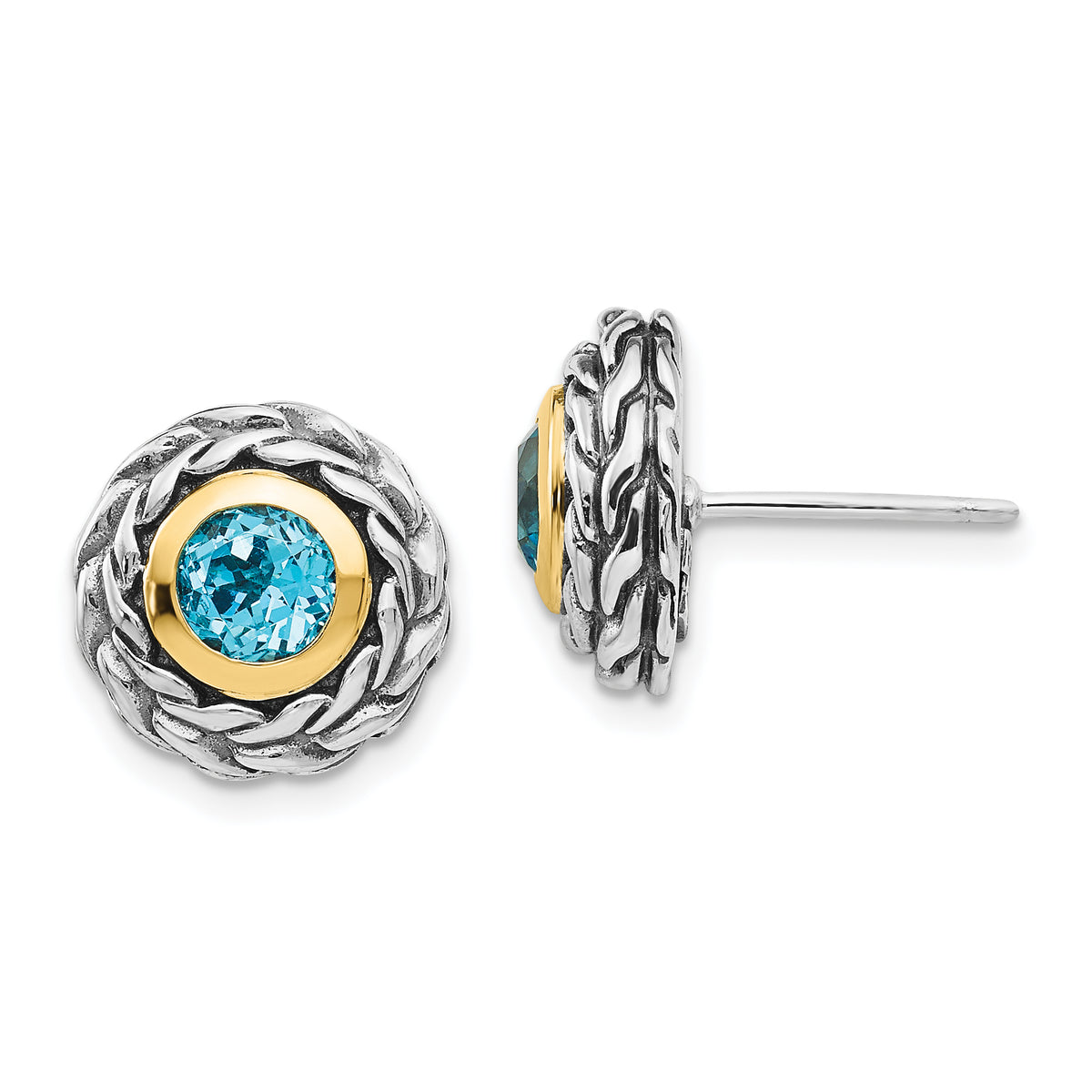 Shey Couture Sterling Silver with 14K Accent Antiqued Round Bezel Light Swiss Blue Topaz Post Earrings