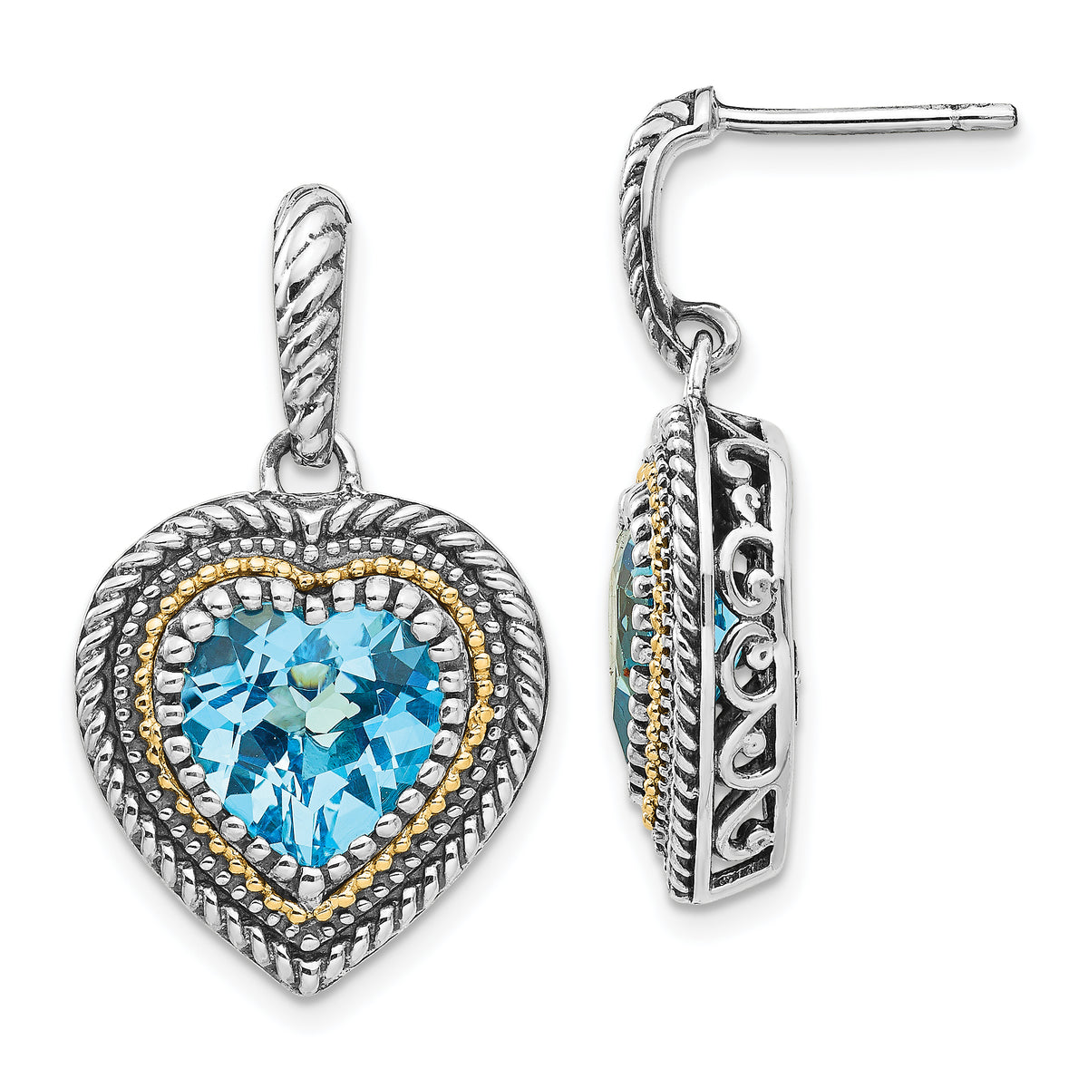 Shey Couture Sterling Silver with 14K Accent Antiqued Light Swiss Blue Topaz Heart Dangle Post Earrings